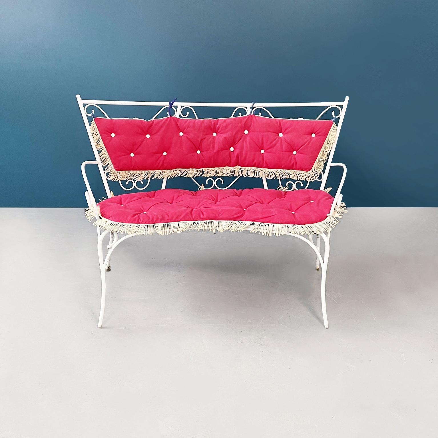 Mid-Century Modern Italian Mid-Century Garden Bench in White Wrought Iron and Fabric, 1960s For Sale