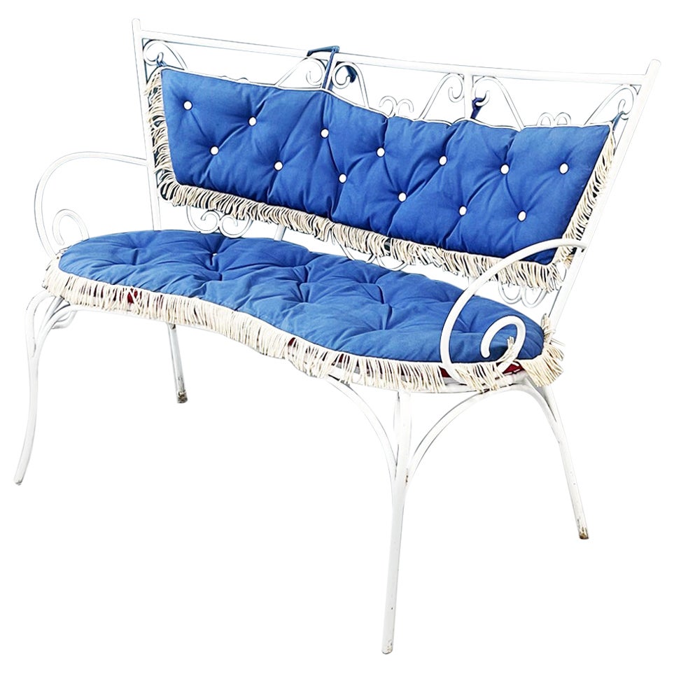 Italian Mid-Century Garden Bench in White Wrought Iron and Fabric, 1960s