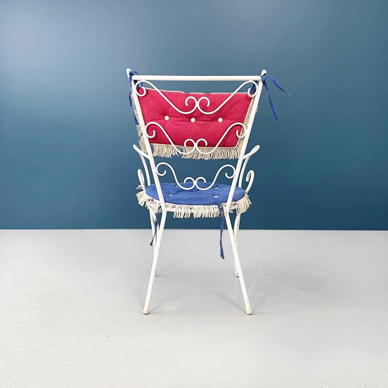 Mid-20th Century Italian Mid-Century Garden Chairs in White Wrought Iron and Fabric, 1960s For Sale