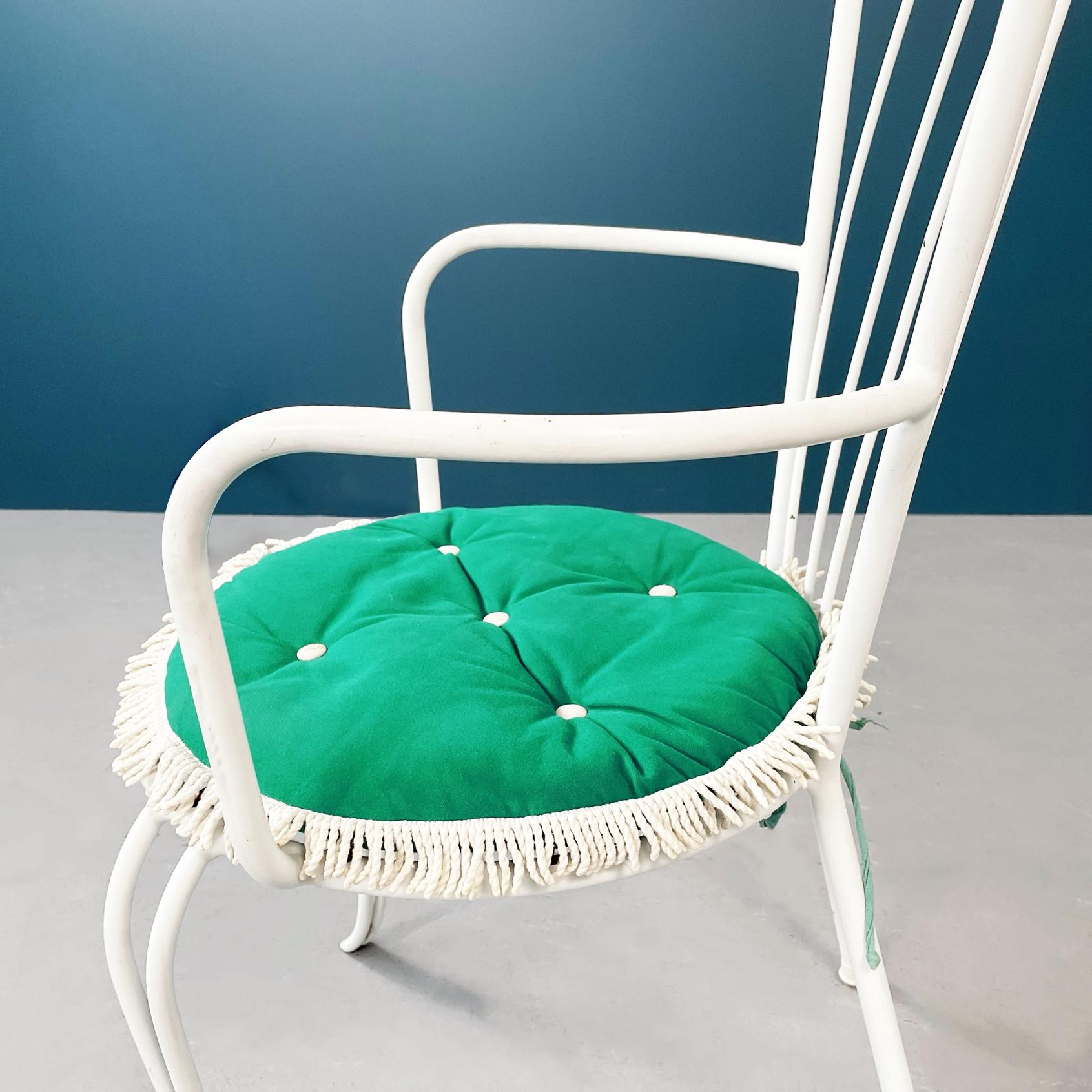 Italian Mid-Century Garden Chairs in White Wrought Iron and Green Fabric, 1960s For Sale 7