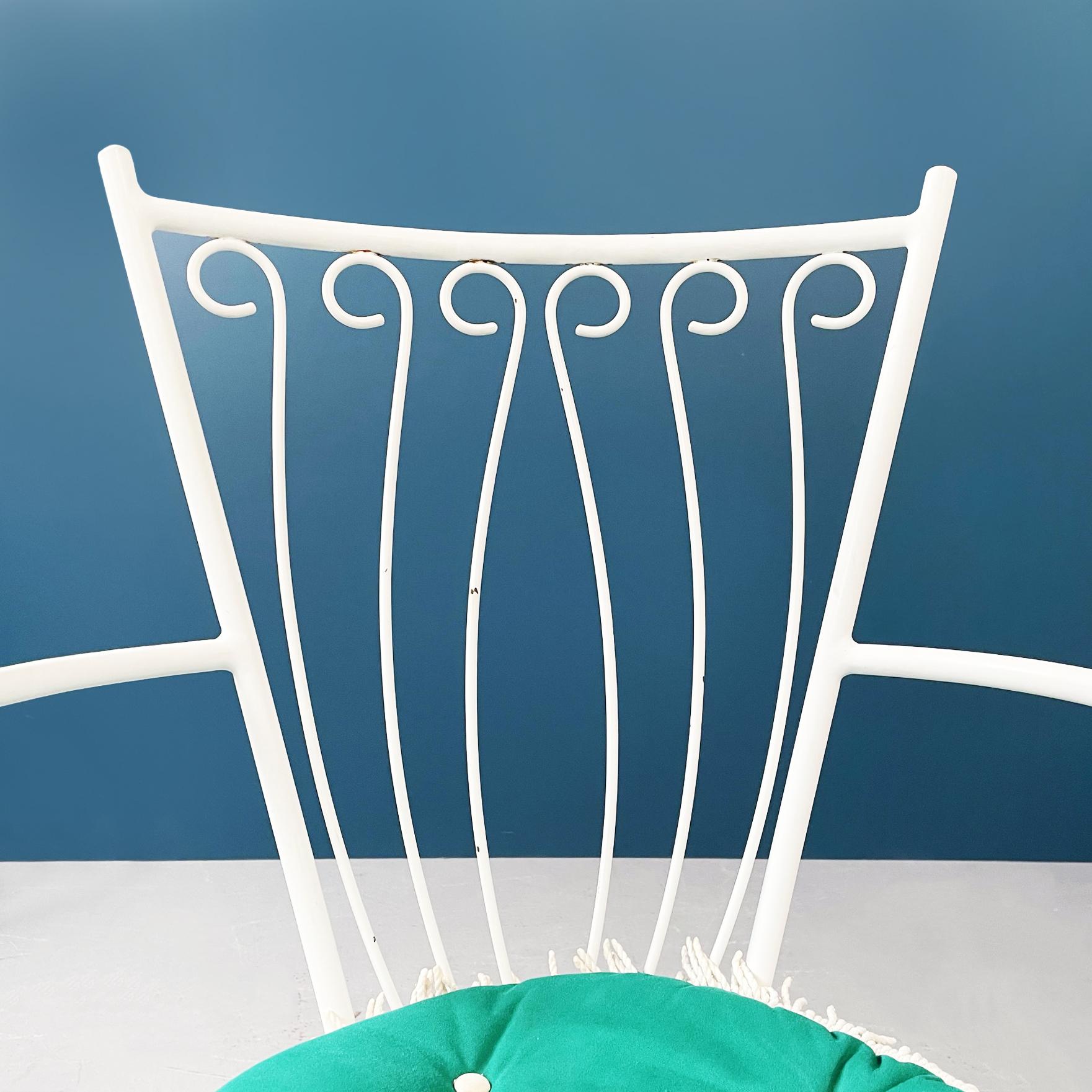 Italian Mid-Century Garden Chairs in White Wrought Iron and Green Fabric, 1960s For Sale 3