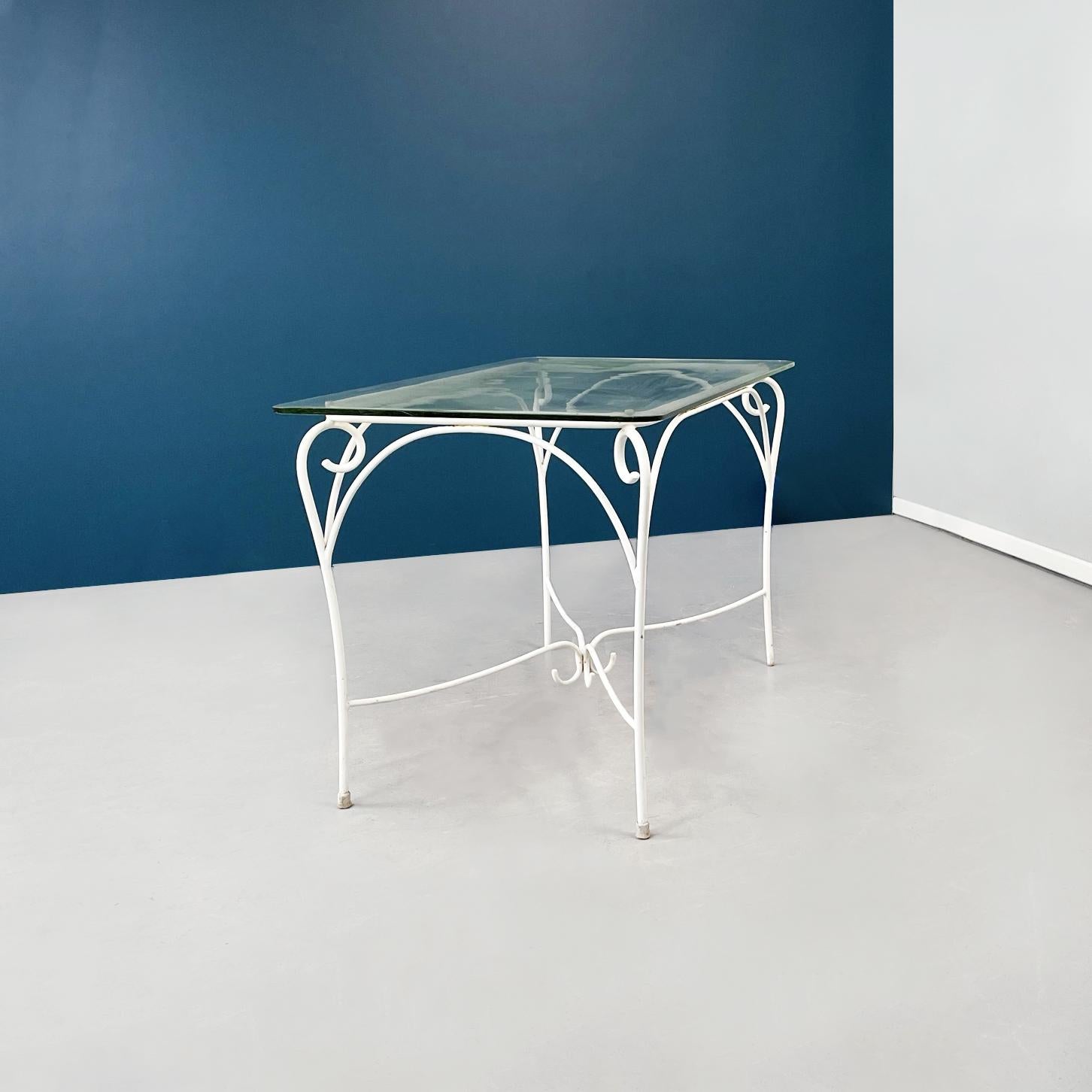 Italian Mid-Century Garden Chairs Table in White Wrought Iron Glass Fabric, 1960 For Sale 7