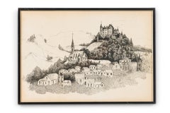 Italian Mid-Century Genre Scene Sketch of Houses sitting On Multpile Hills