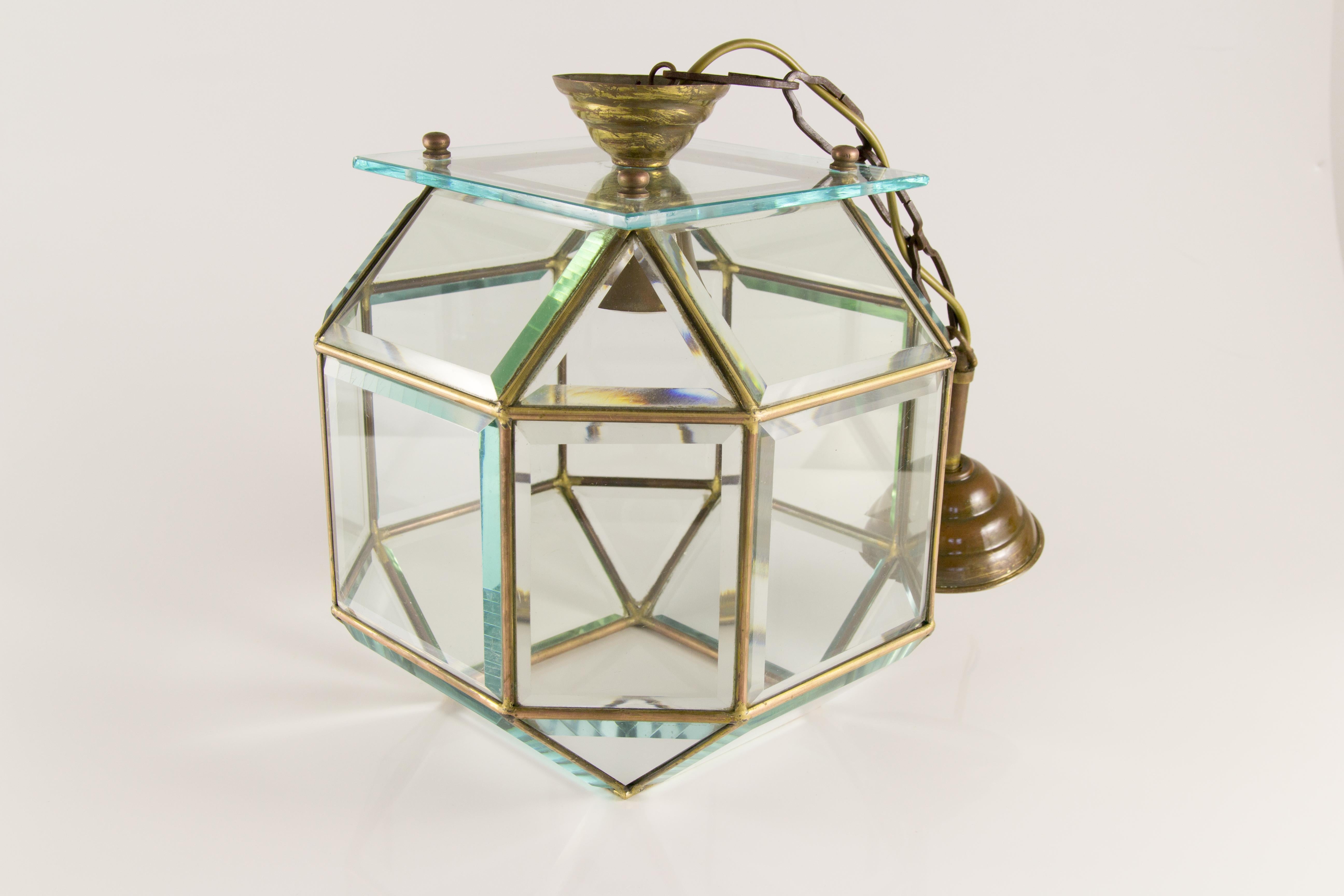 Italian Mid-Century Geometric Beveled Glass and Brass Pendant For Sale 4