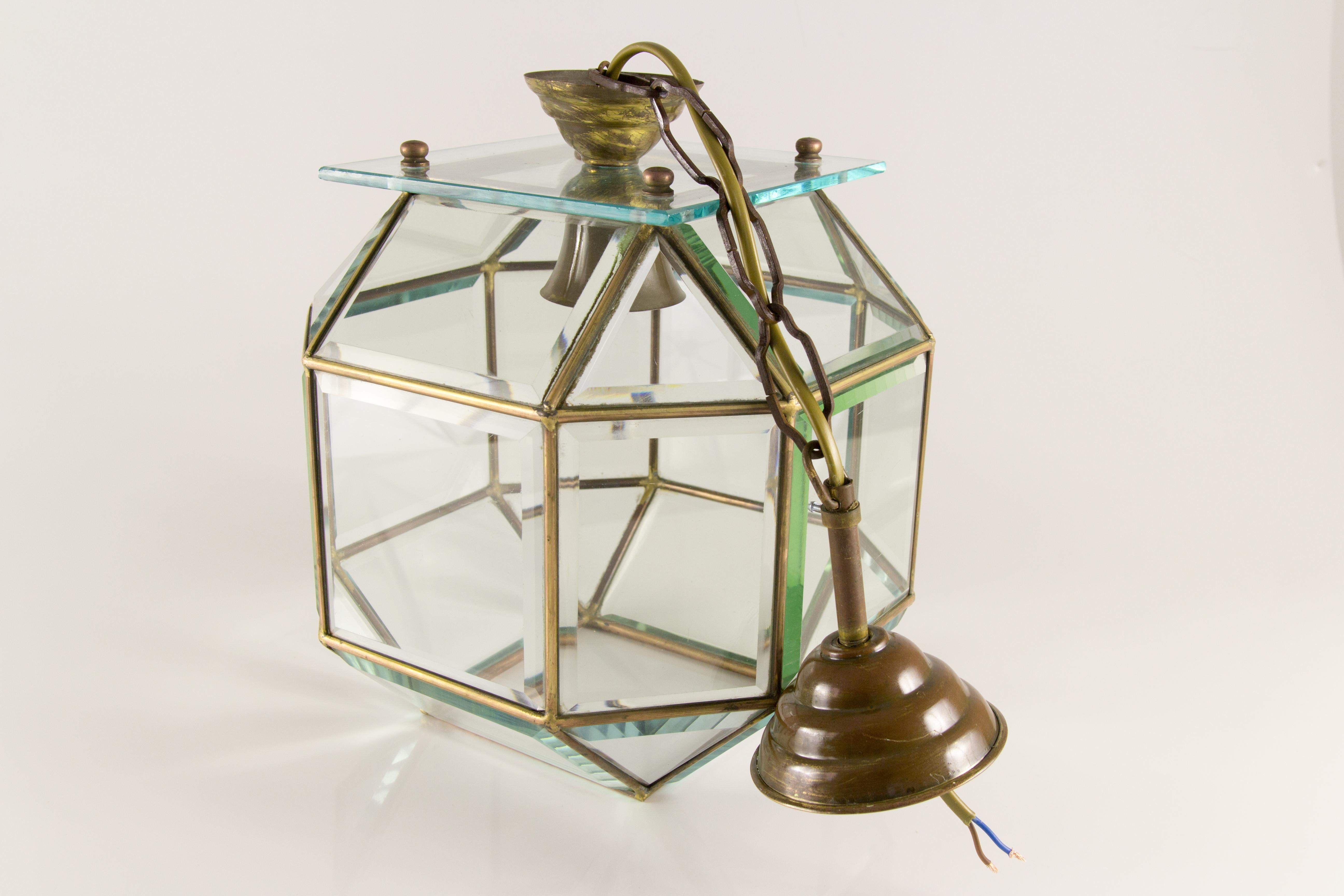 Italian Mid-Century Geometric Beveled Glass and Brass Pendant For Sale 5