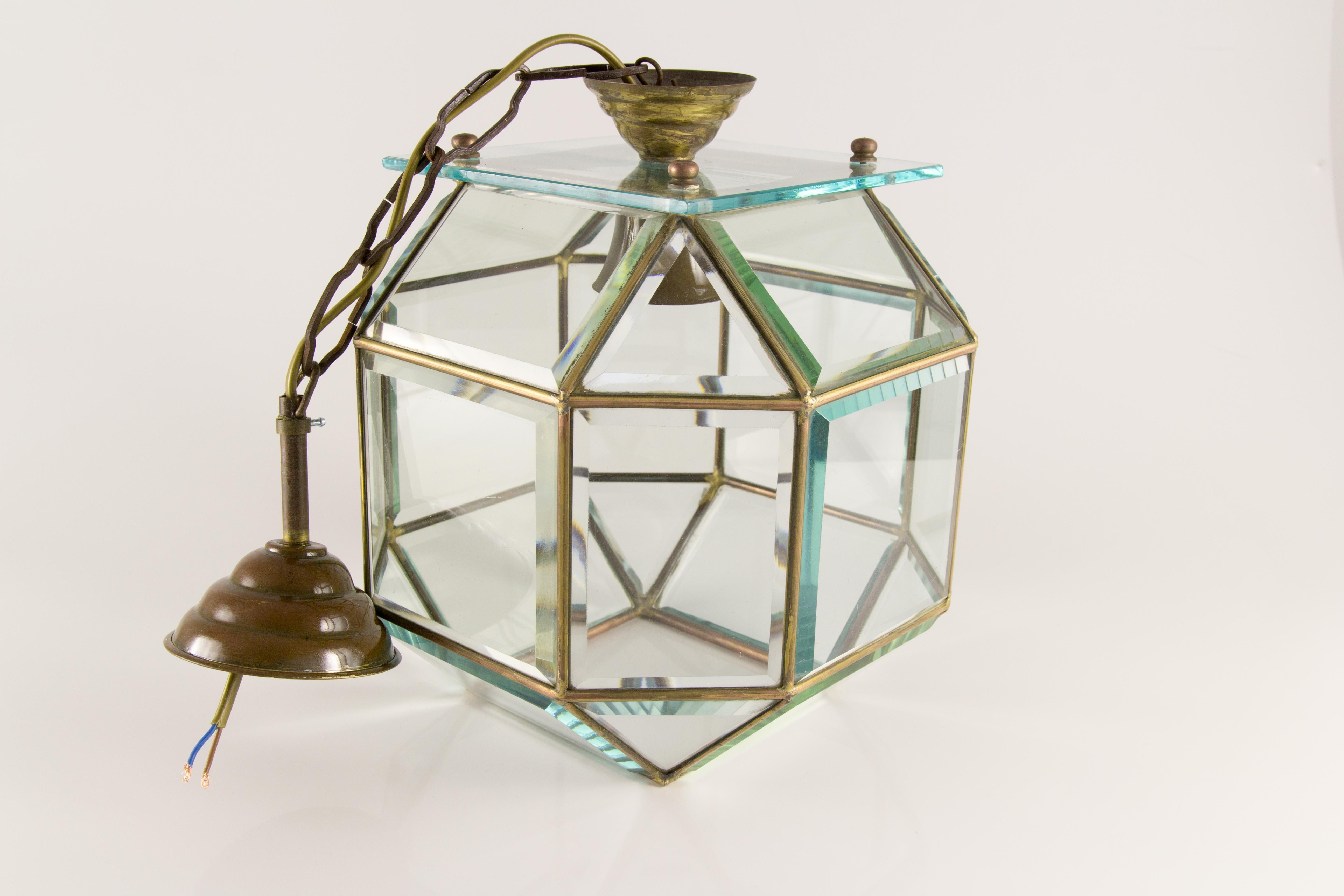 Italian Mid-Century Geometric Beveled Glass and Brass Pendant For Sale 6