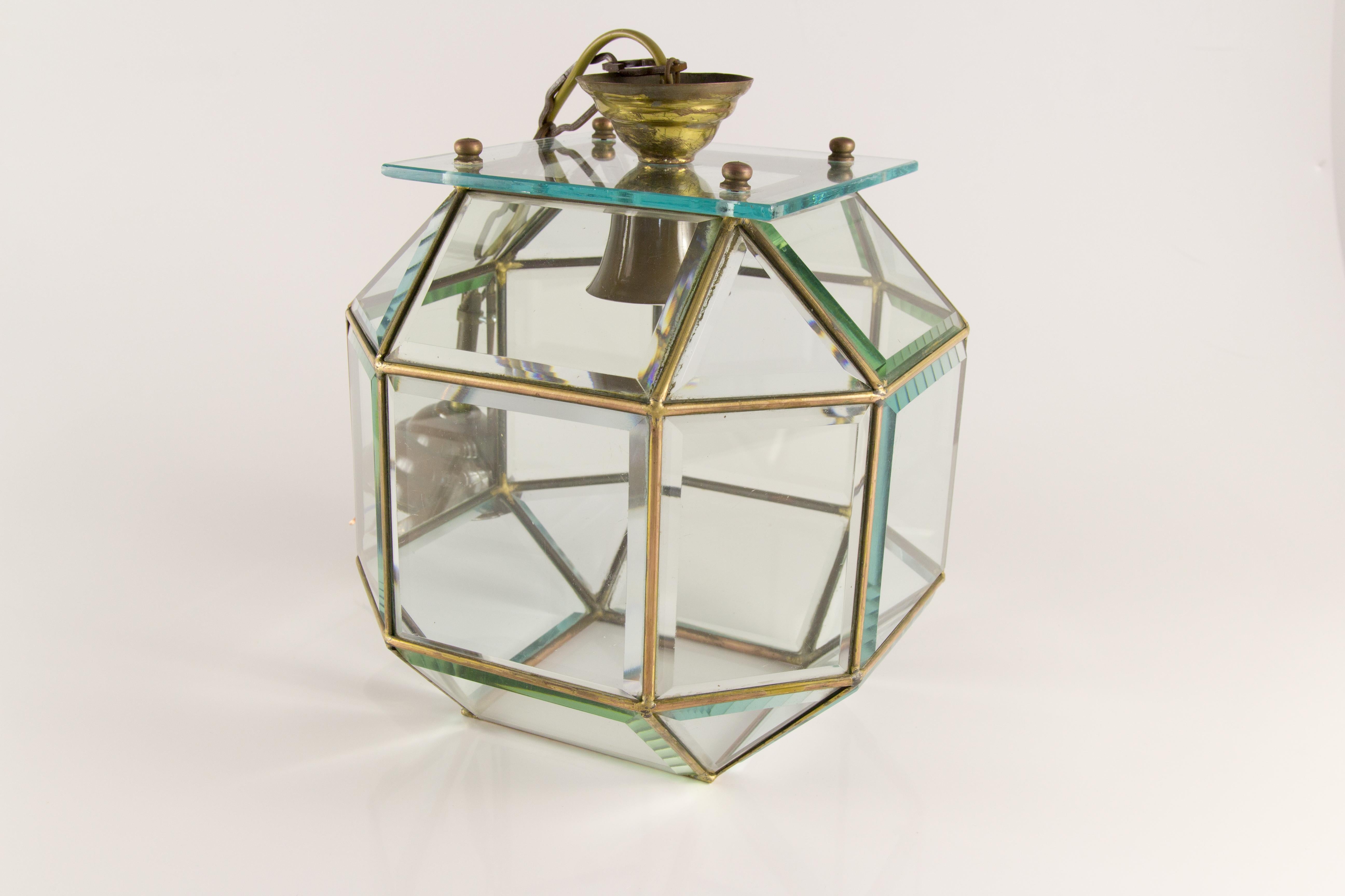 Italian Mid-Century Geometric Beveled Glass and Brass Pendant For Sale 7