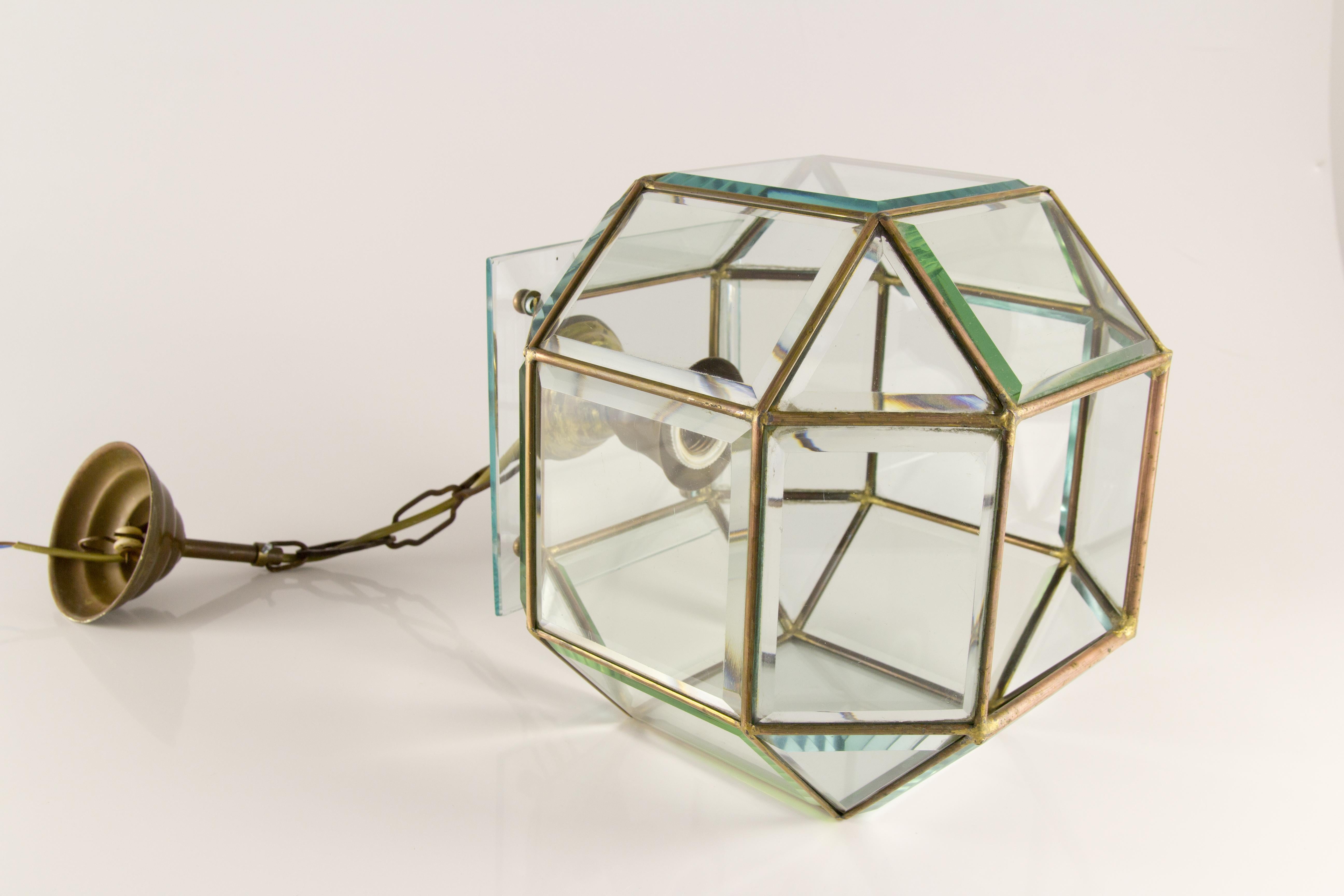 Italian Mid-Century Geometric Beveled Glass and Brass Pendant For Sale 9