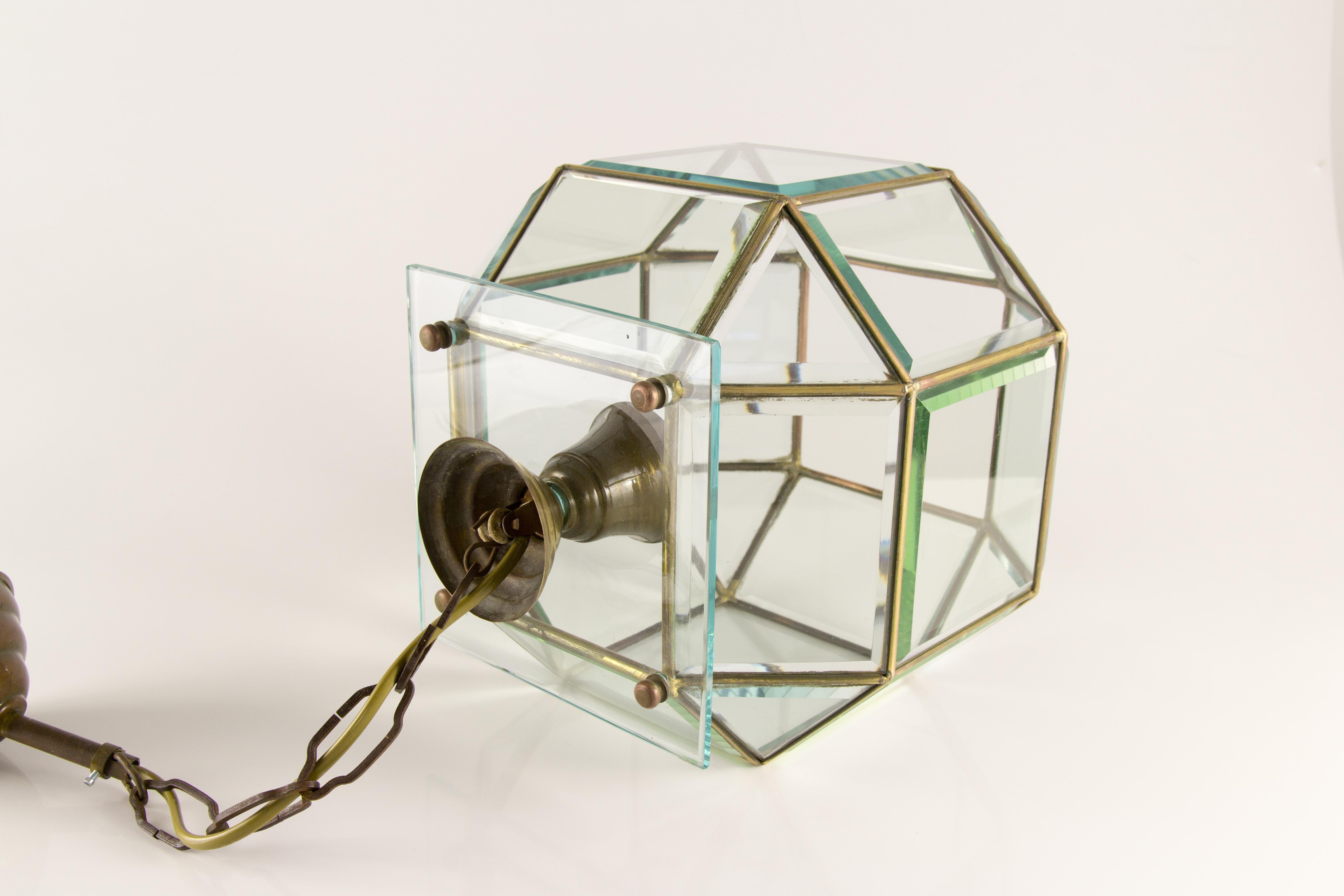 Italian Mid-Century Geometric Beveled Glass and Brass Pendant For Sale 10