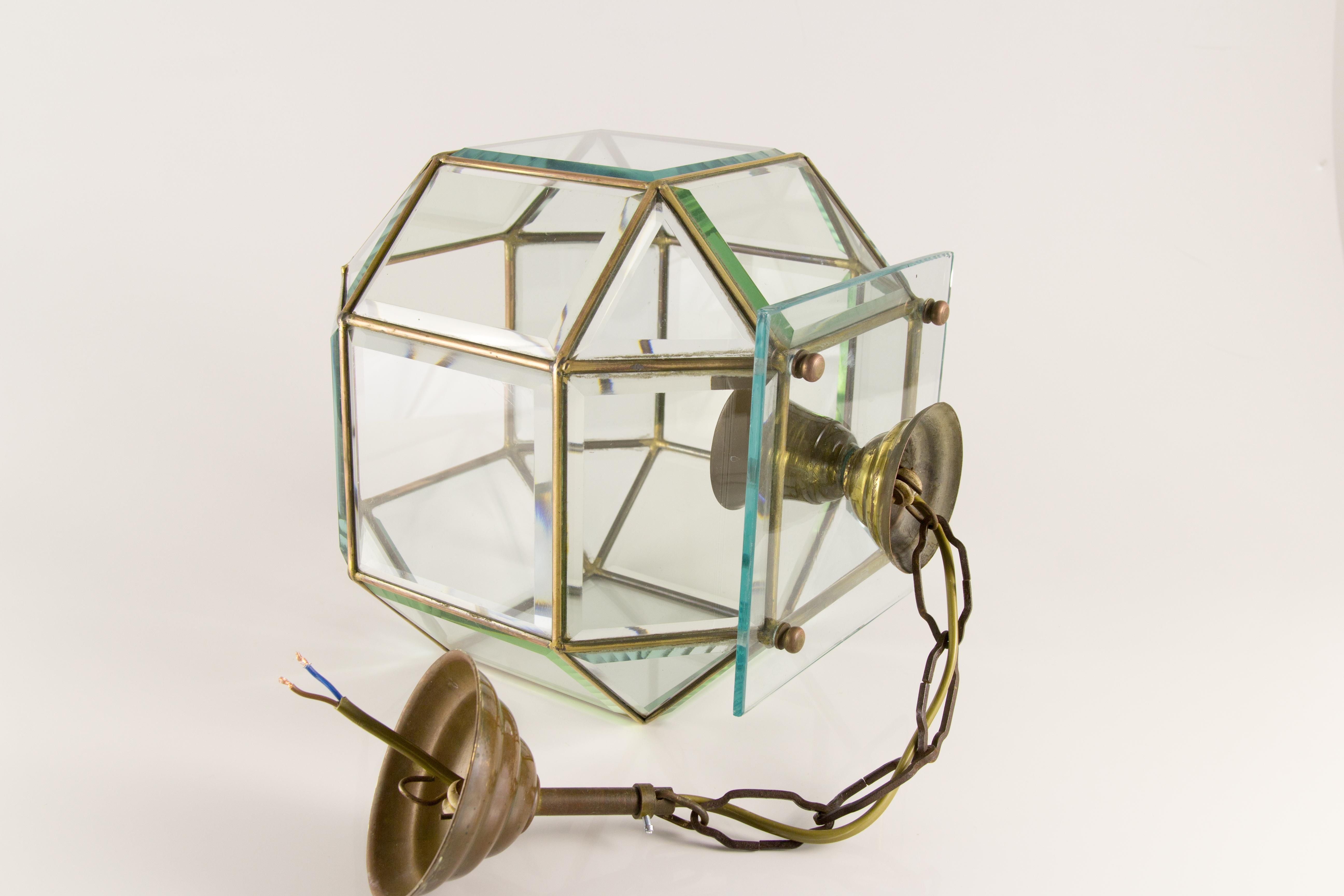 Italian Mid-Century Geometric Beveled Glass and Brass Pendant For Sale 11