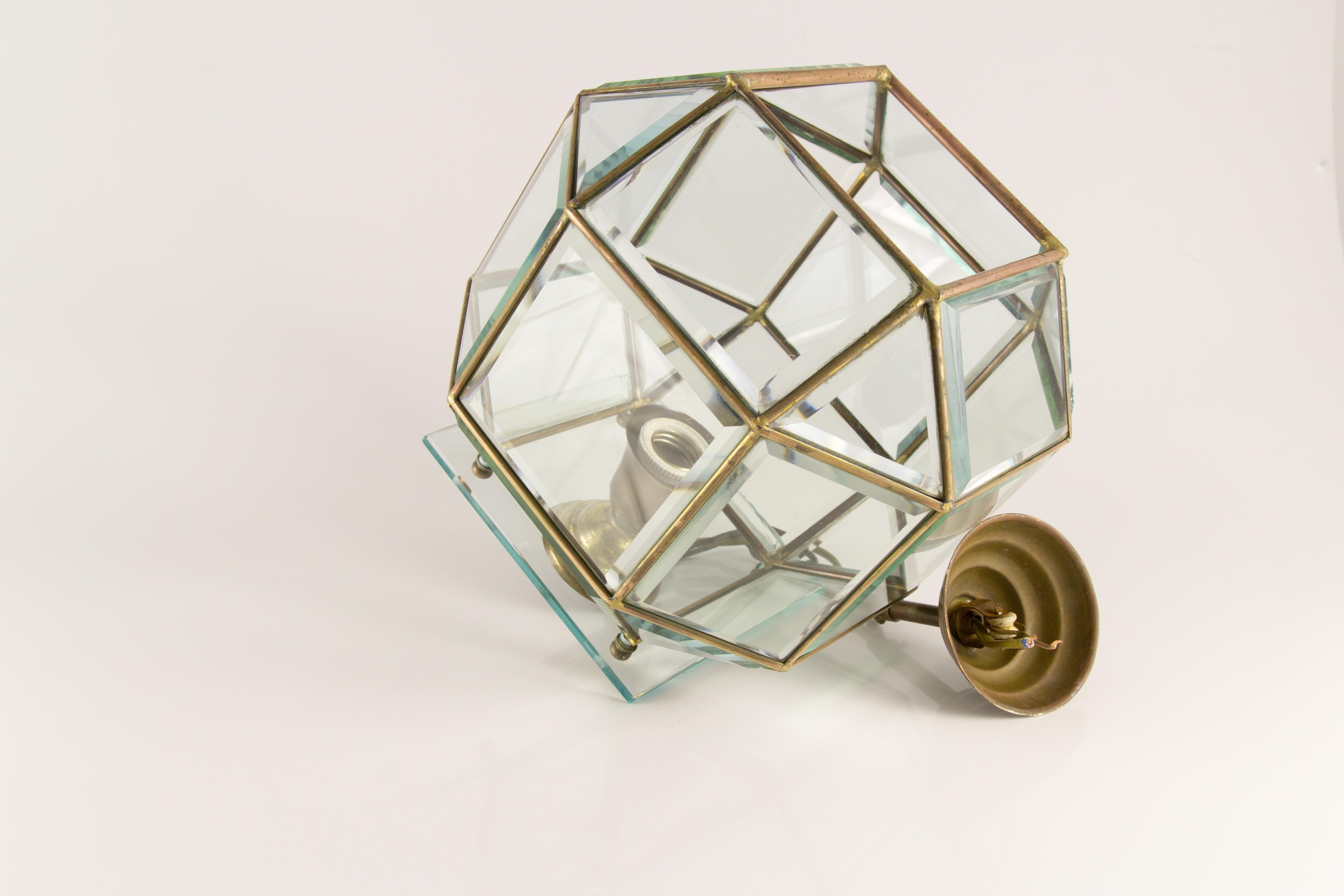 Italian Mid-Century Geometric Beveled Glass and Brass Pendant For Sale 12