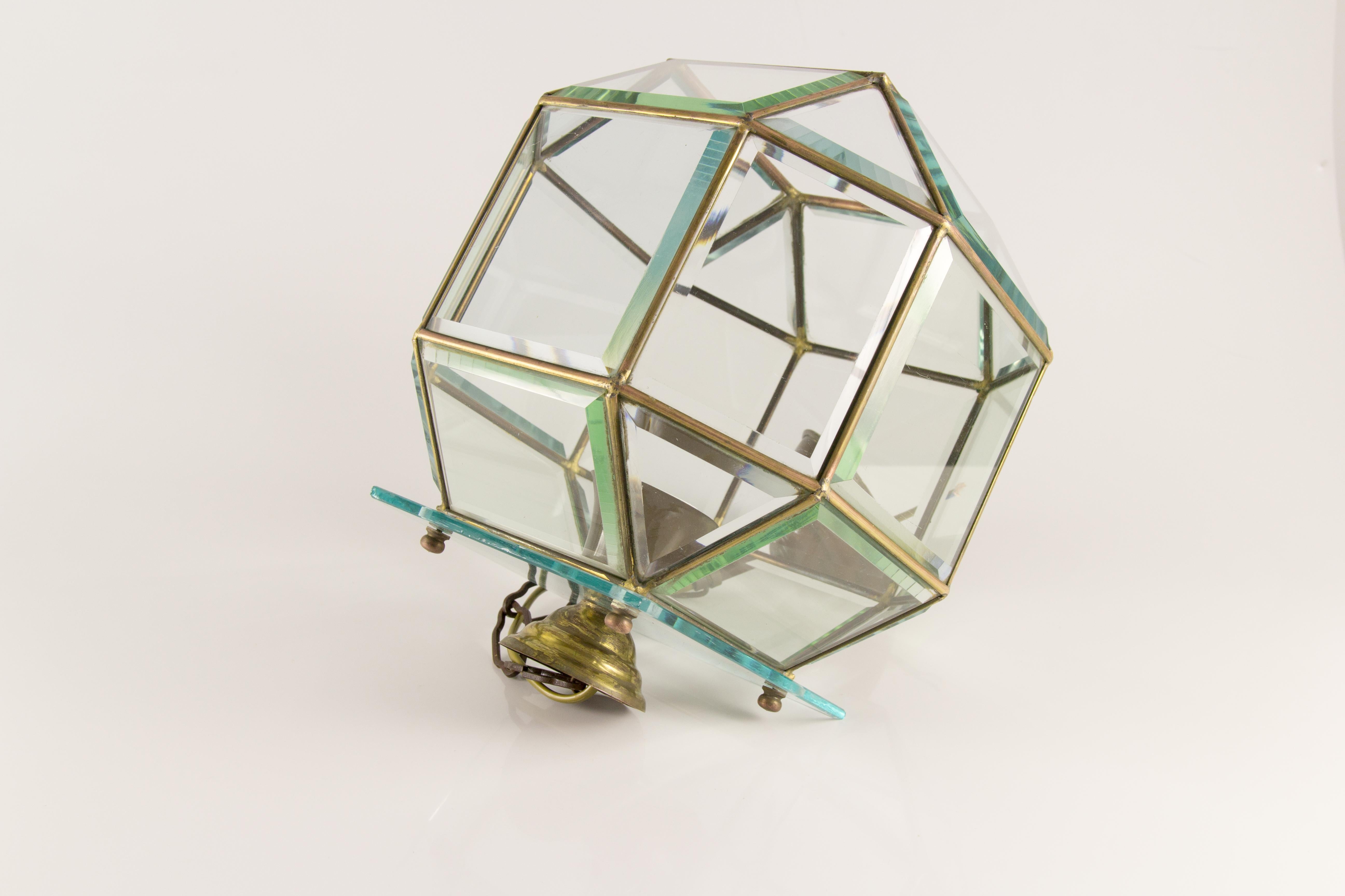 Italian Mid-Century Geometric Beveled Glass and Brass Pendant For Sale 13