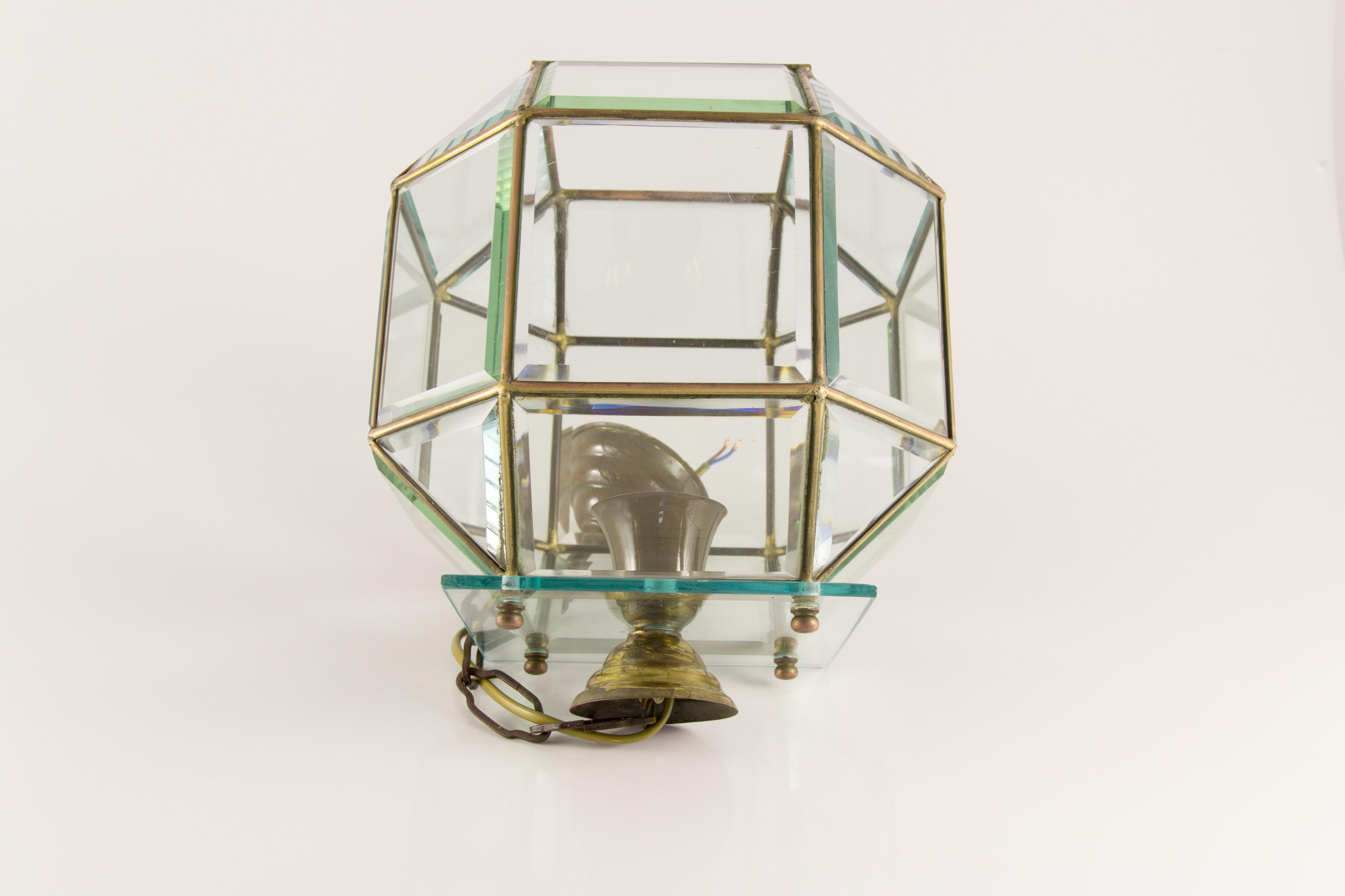 Italian Mid-Century Geometric Beveled Glass and Brass Pendant For Sale 14
