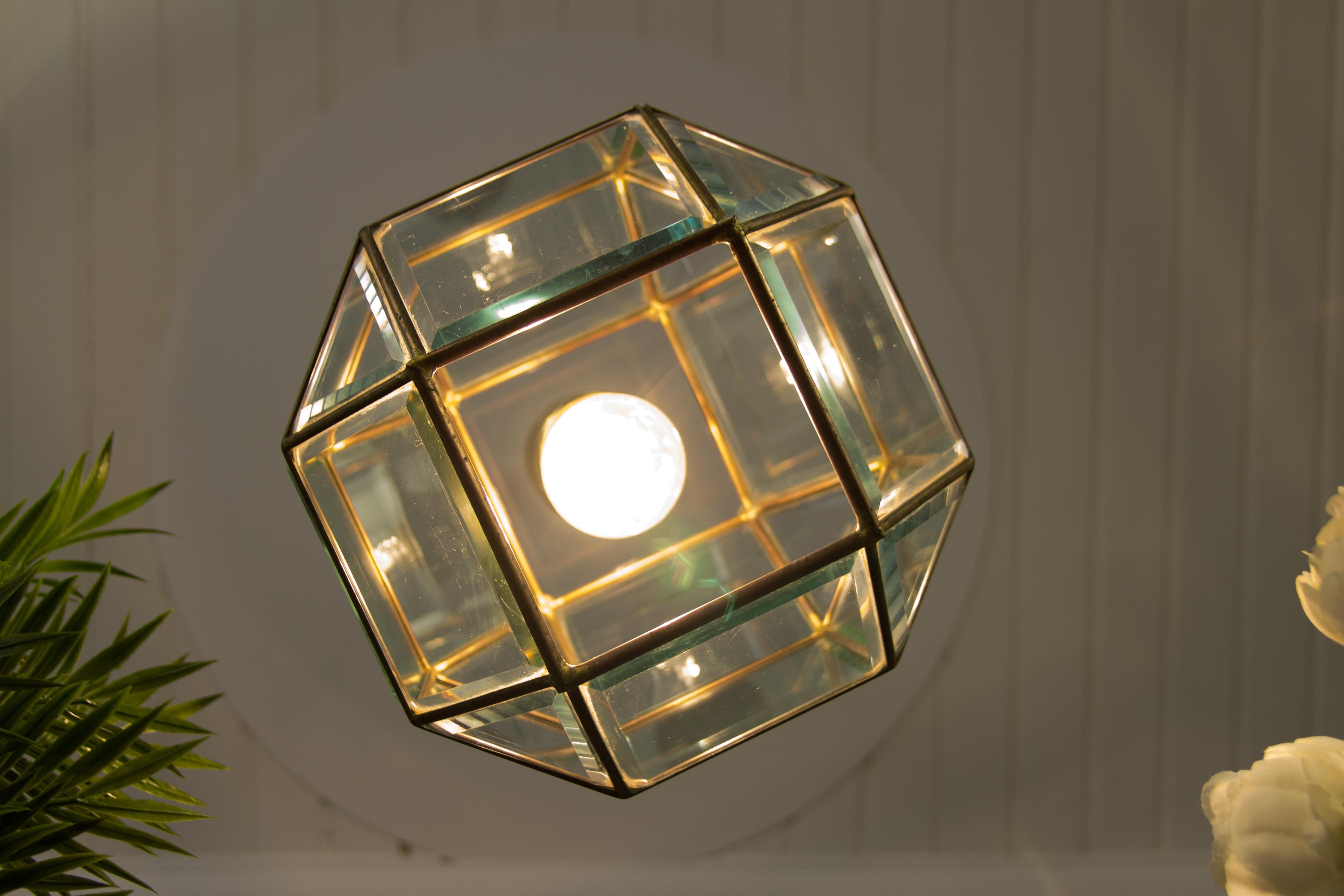Mid-20th Century Italian Mid-Century Geometric Beveled Glass and Brass Pendant For Sale