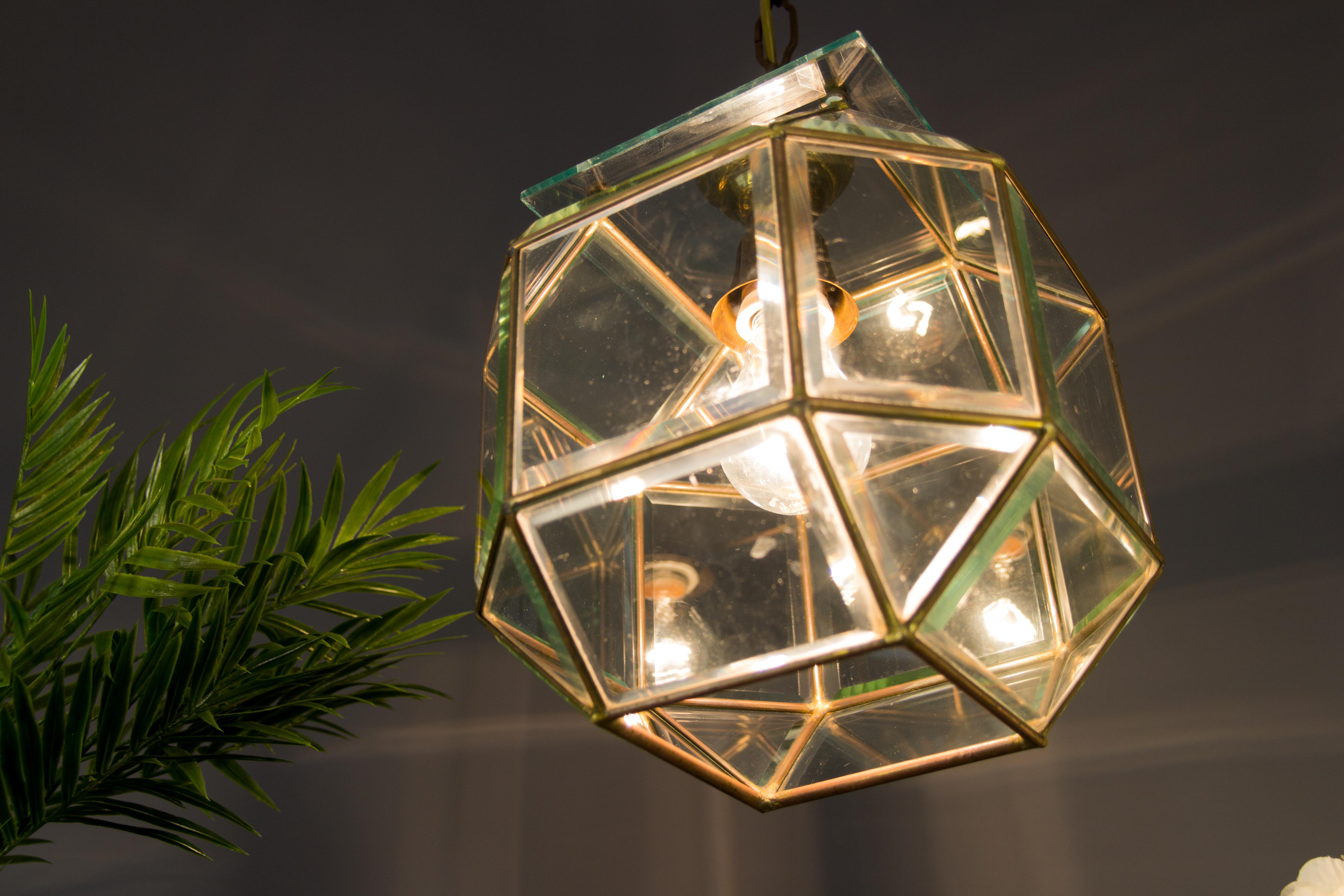 Italian Mid-Century Geometric Beveled Glass and Brass Pendant For Sale 1