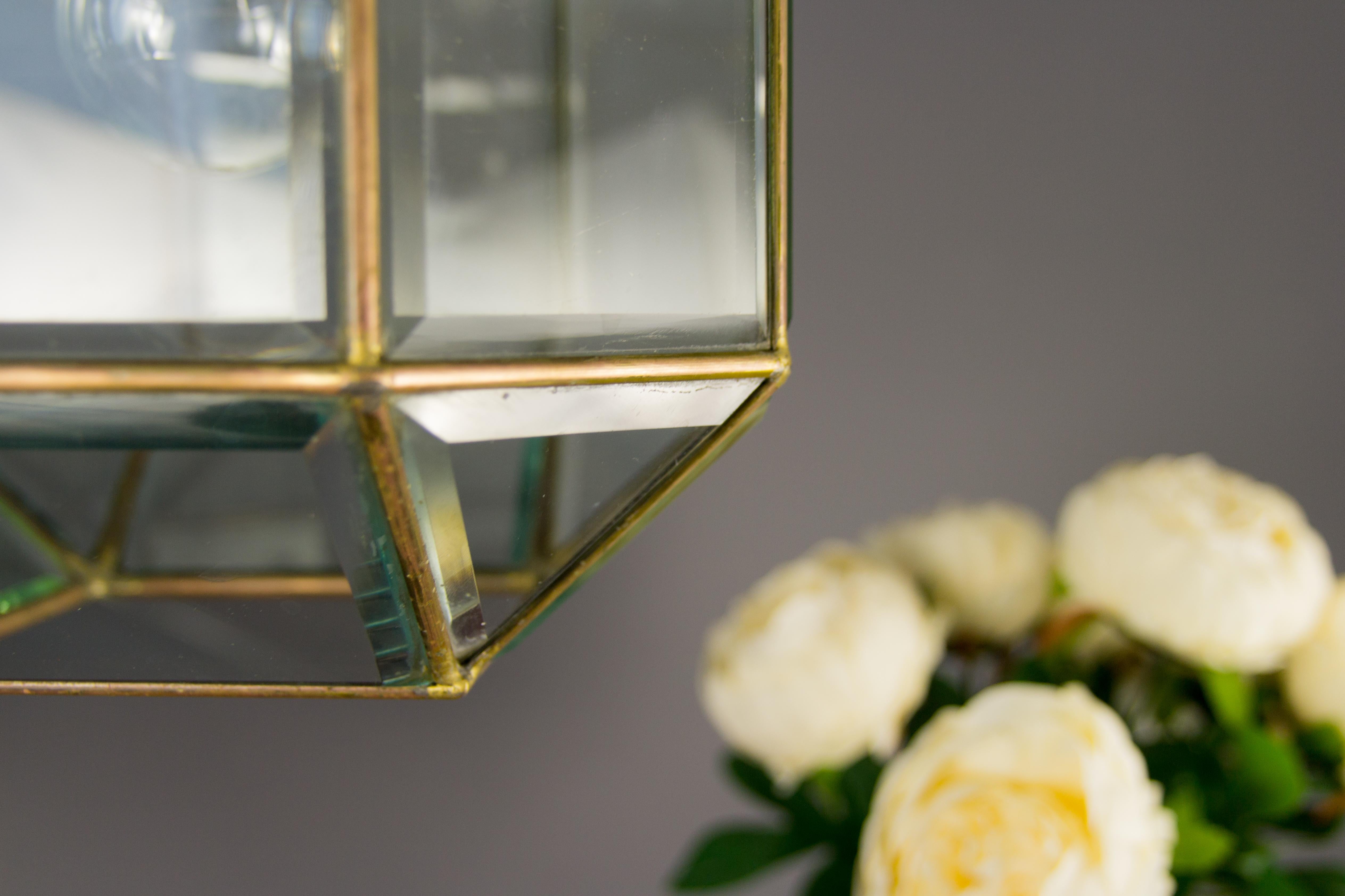Italian Mid-Century Geometric Beveled Glass and Brass Pendant For Sale 2