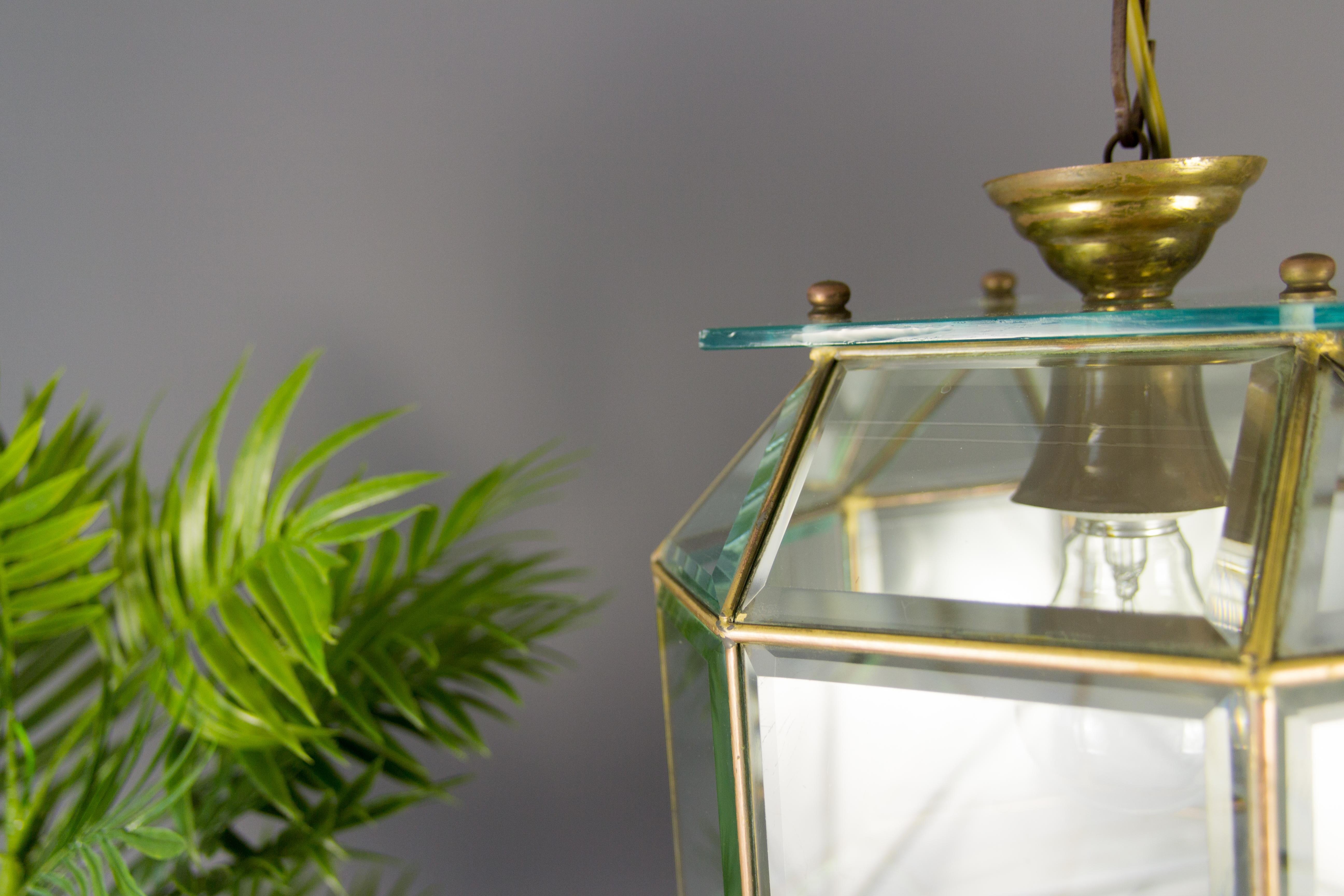 Italian Mid-Century Geometric Beveled Glass and Brass Pendant For Sale 3