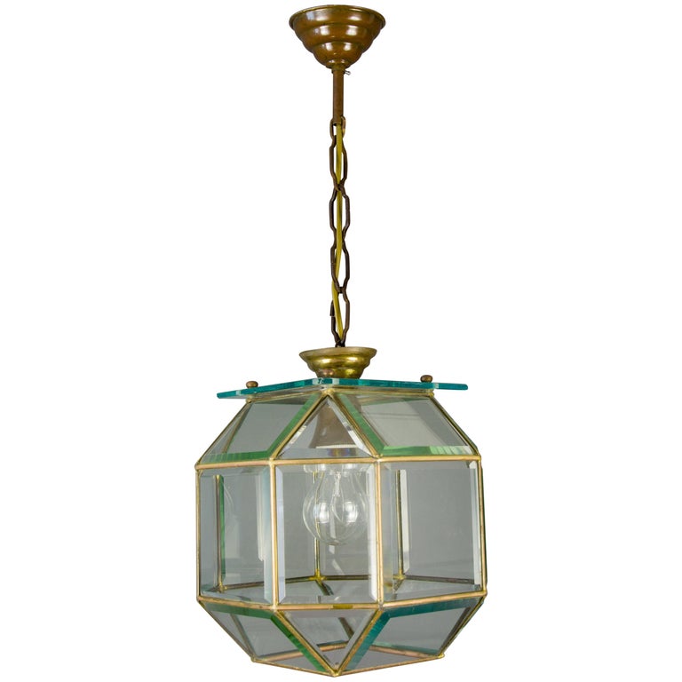 Mid Century Geometric Beveled Glass, Beveled Glass Lantern Chandelier