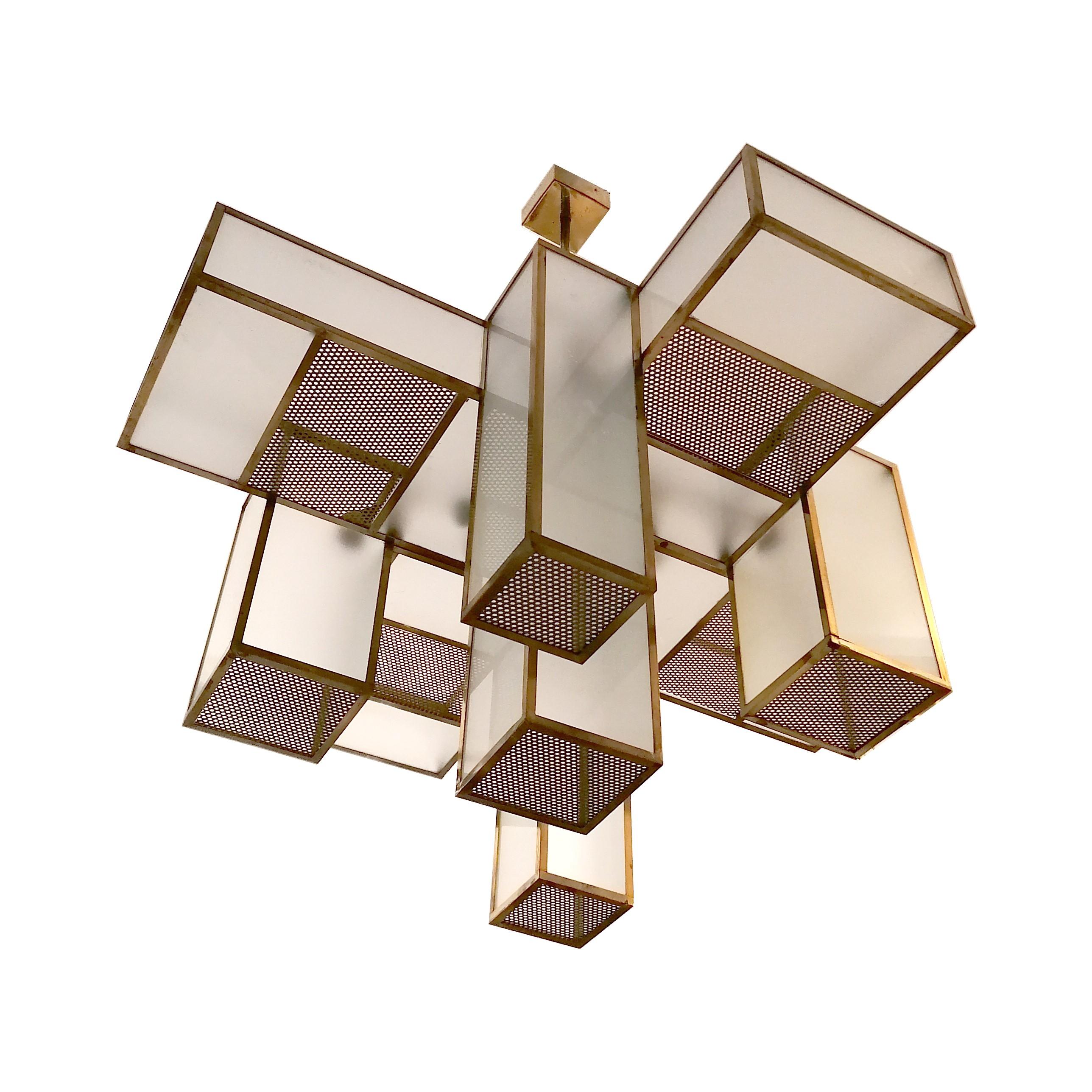 Mid-Century Modern Italian Mid-Century Geometric Chandelier Brass and Frosted Glass, 1980s