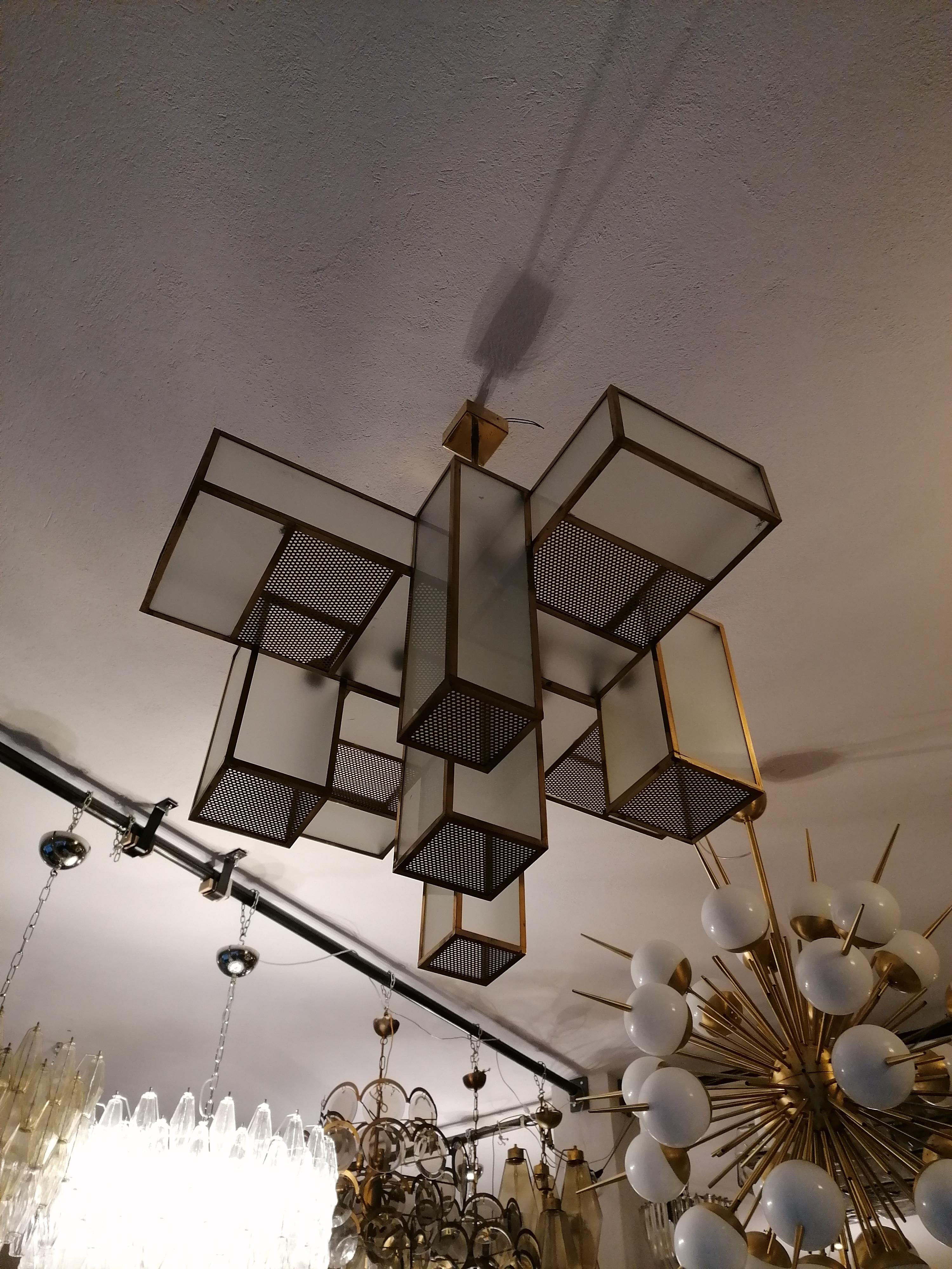 Hand-Crafted Italian Mid-Century Geometric Chandelier Brass and Frosted Glass, 1980s