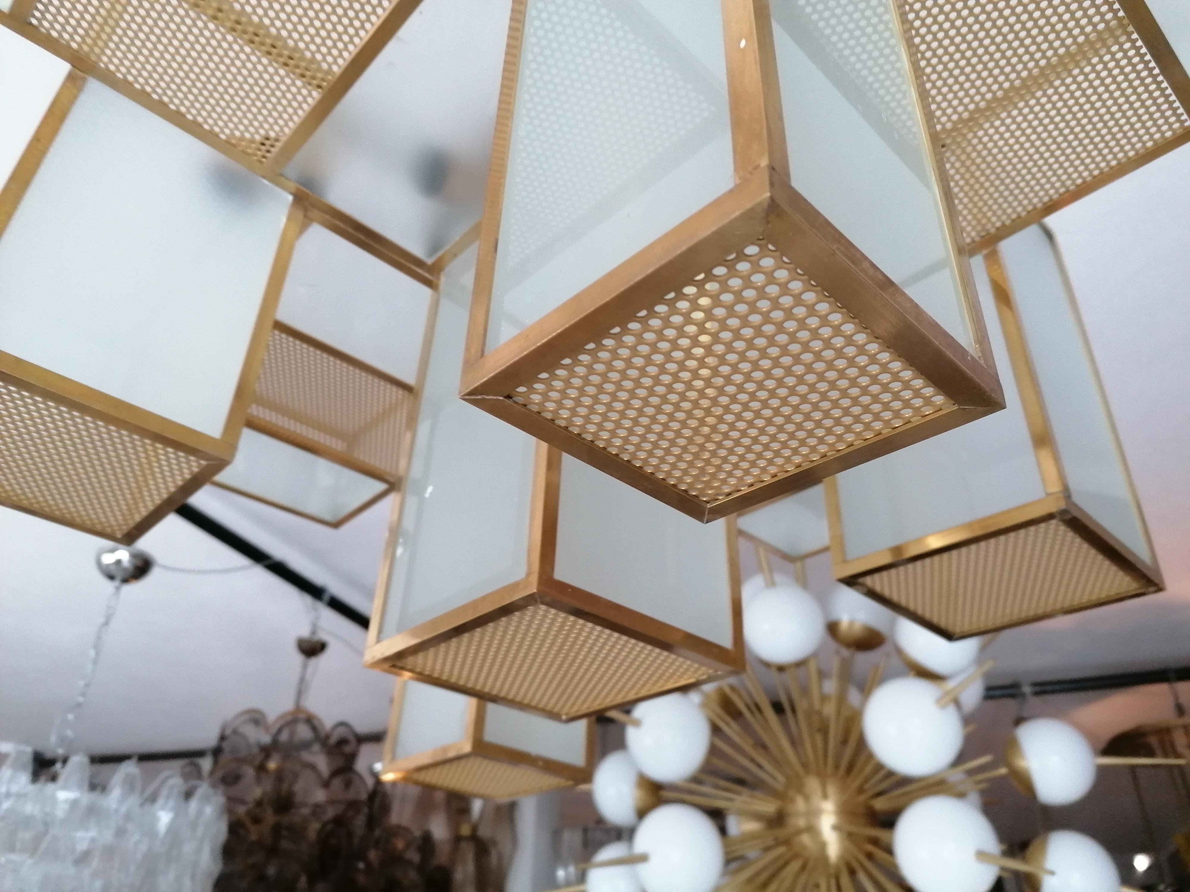 Italian Mid-Century Geometric Chandelier Brass and Frosted Glass, 1980s 1