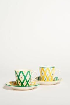Italian Mid-Century Geometric Green and Yellow Demitasse Set of Two