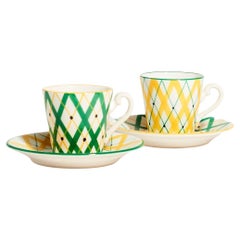 Italian Mid-Century Geometric Green and Yellow Demitasse Set of Two