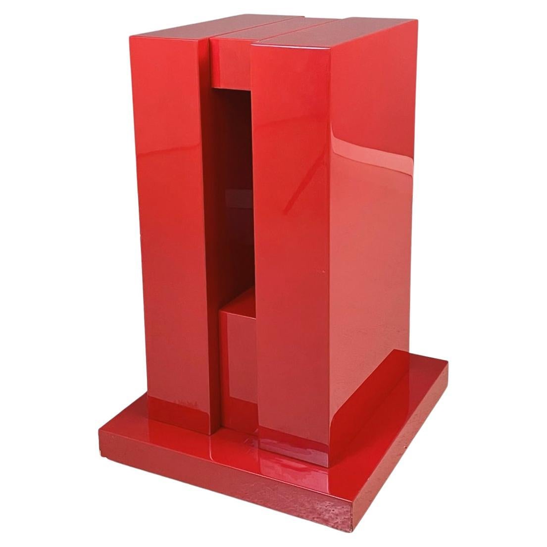 Italian Midcentury Geometric Pedestal in Red Lacquered Wood, 1980s
