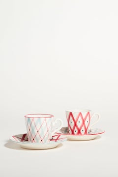 Italian Mid-Century Geometric Pink and Blue Demitasse Set of Two