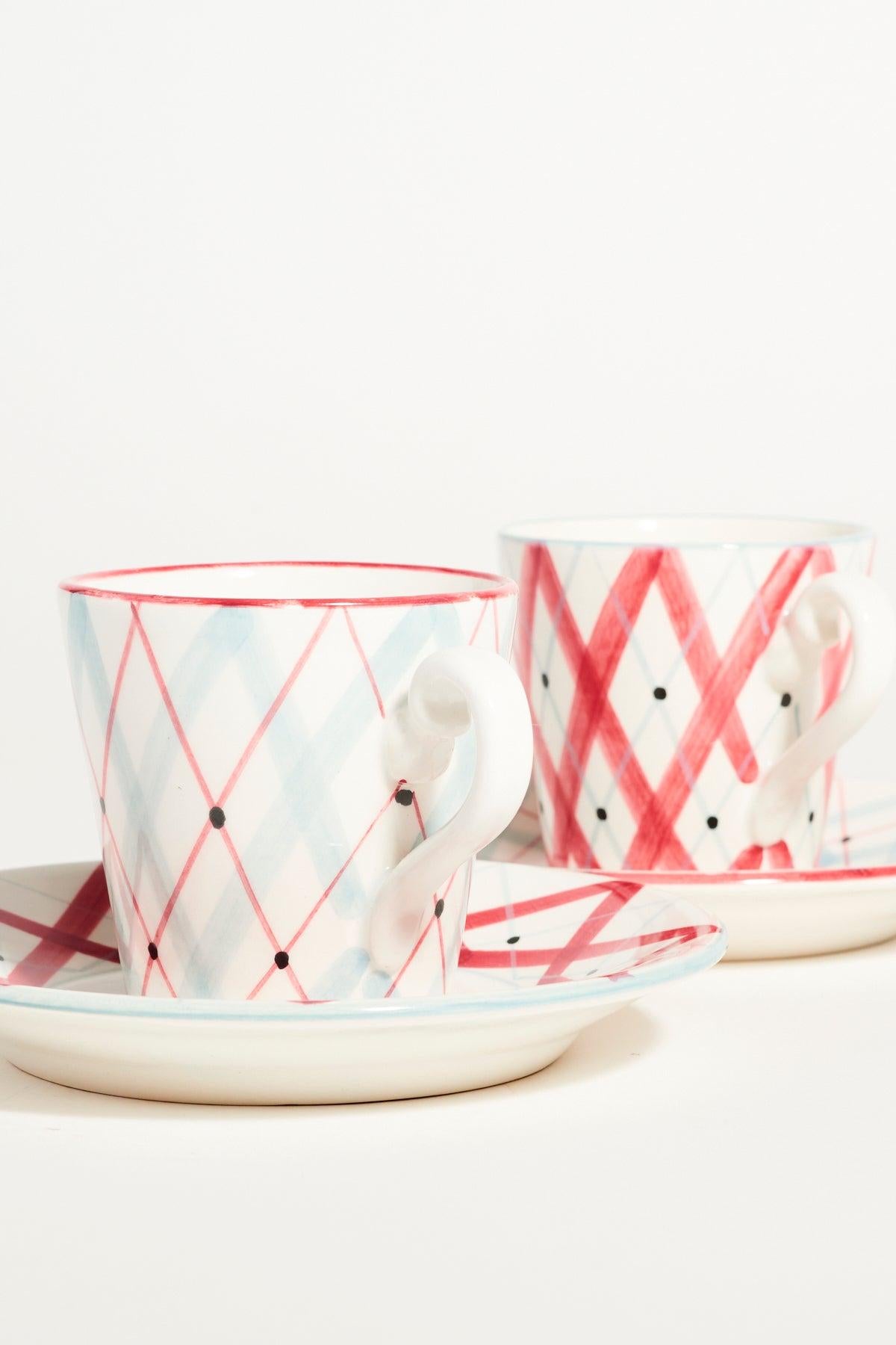 Italian Mid-Century Geometric Pink and Blue Demitasse Set of Two In Excellent Condition In New York, NY