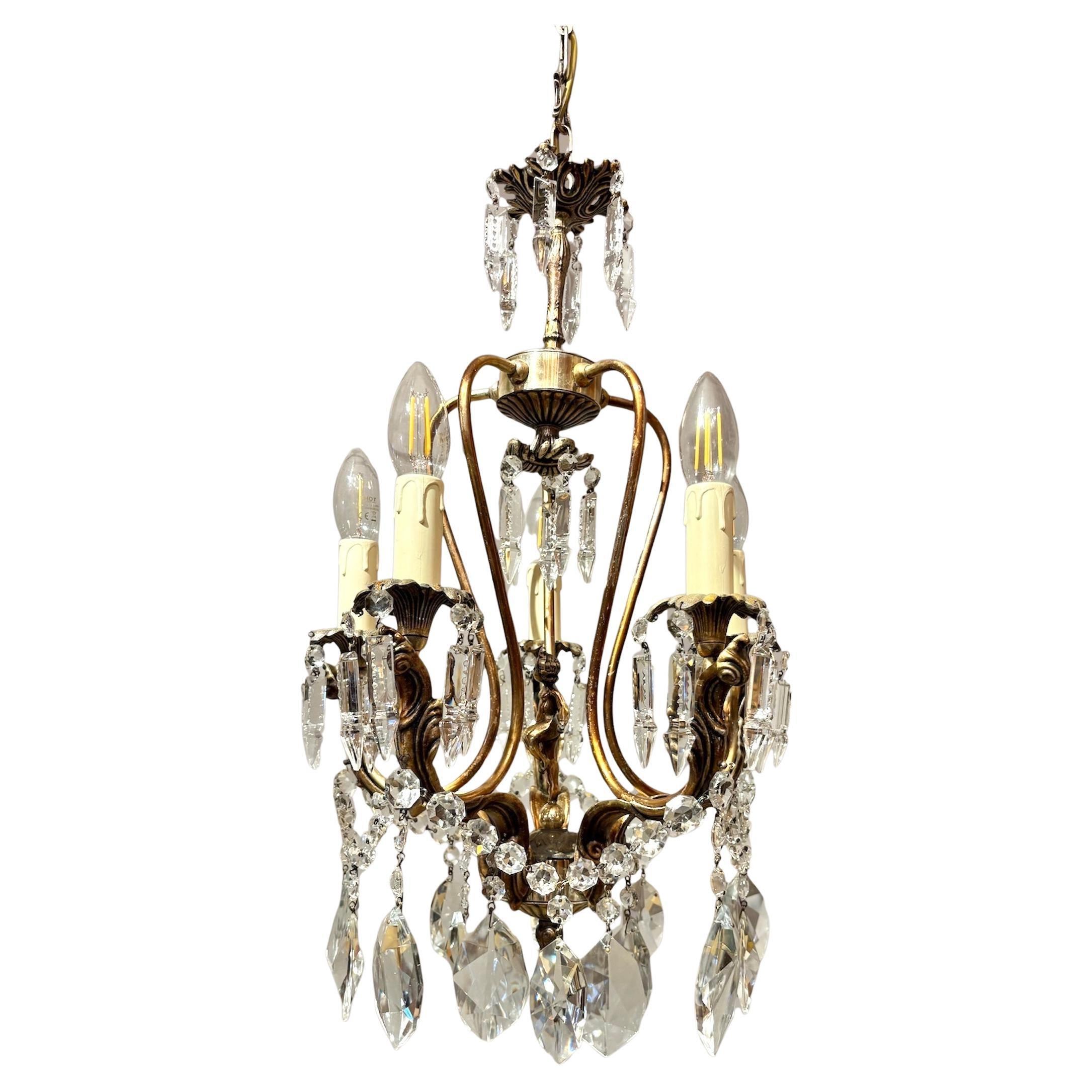 Lampadario italiano di metà secolo in ottone dorato con cristalli di Boemia