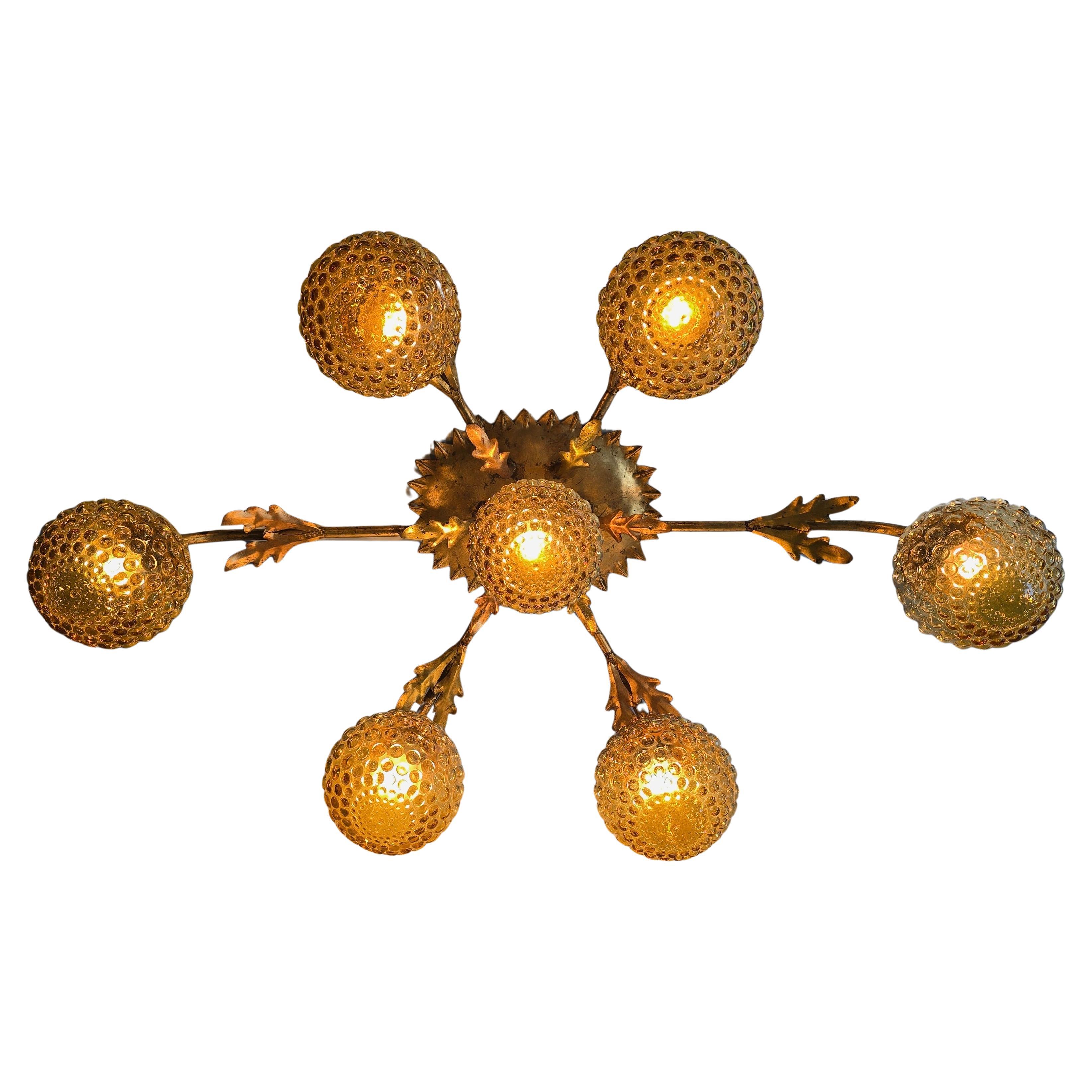 Hollywood Regency Italian Mid-Century Gilded Ceiling Lamp with Amber Bubble Glass, 1950s For Sale