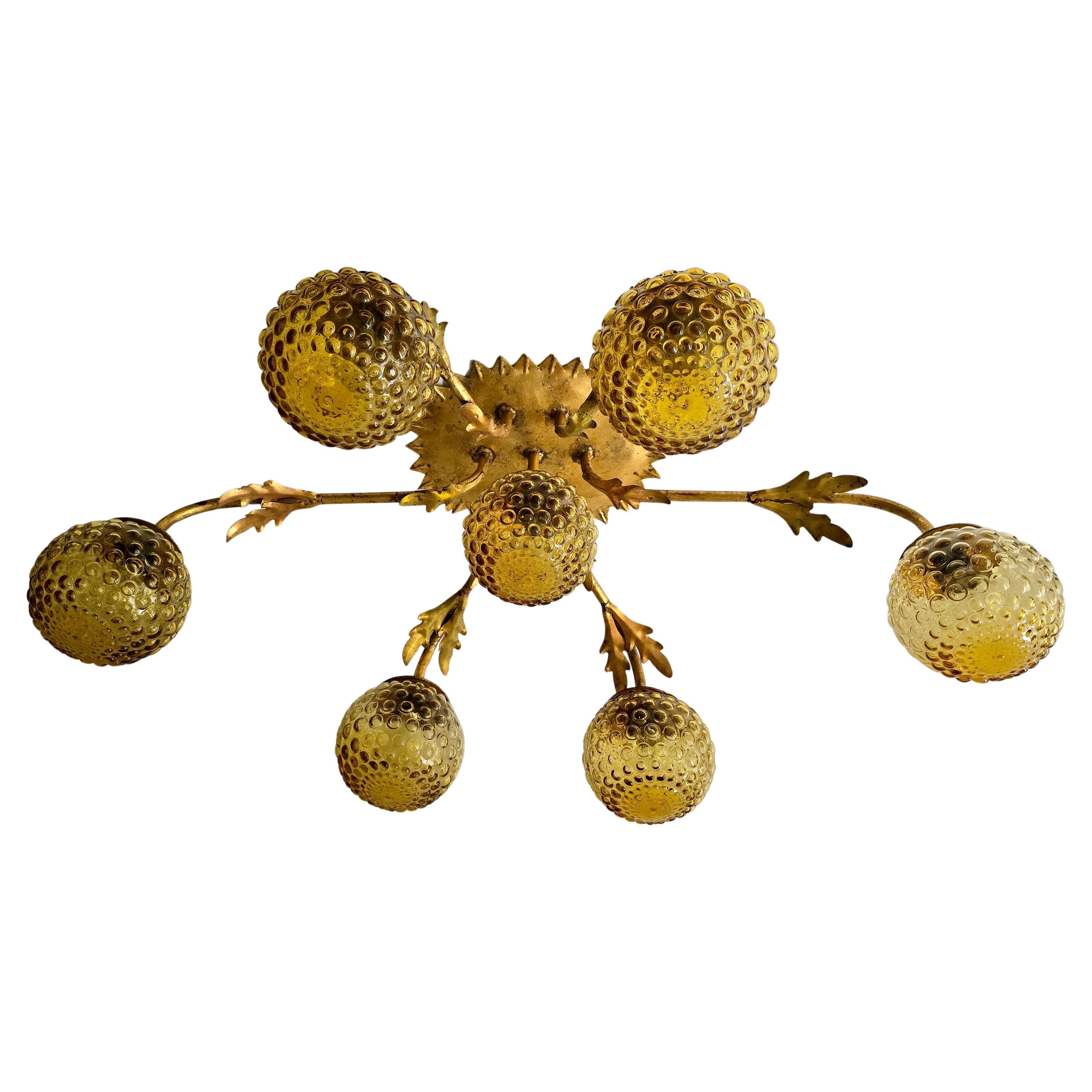 Italian Mid-Century Gilded Ceiling Lamp with Amber Bubble Glass, 1950s In Good Condition For Sale In Antwerp, BE