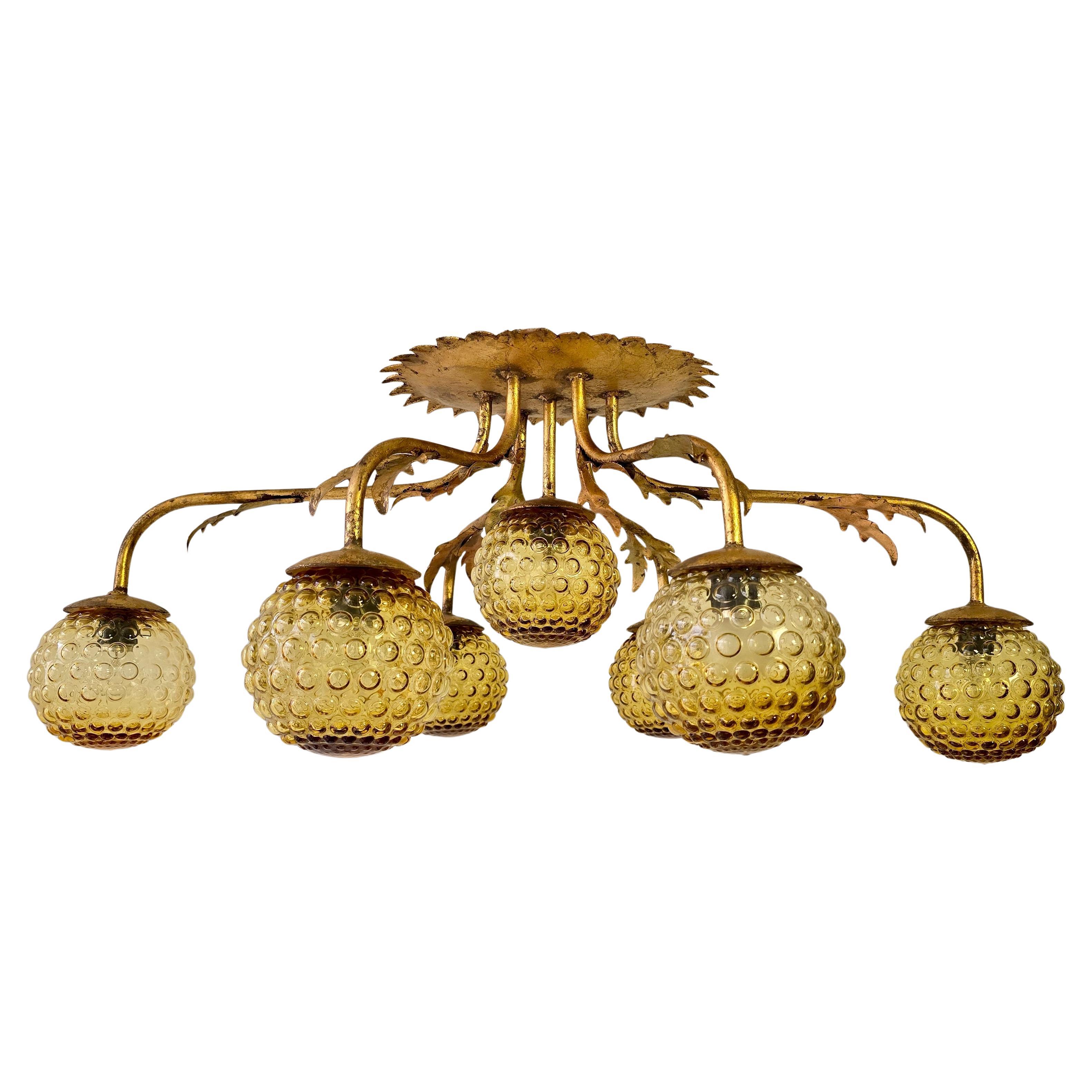 20th Century Italian Mid-Century Gilded Ceiling Lamp with Amber Bubble Glass, 1950s For Sale