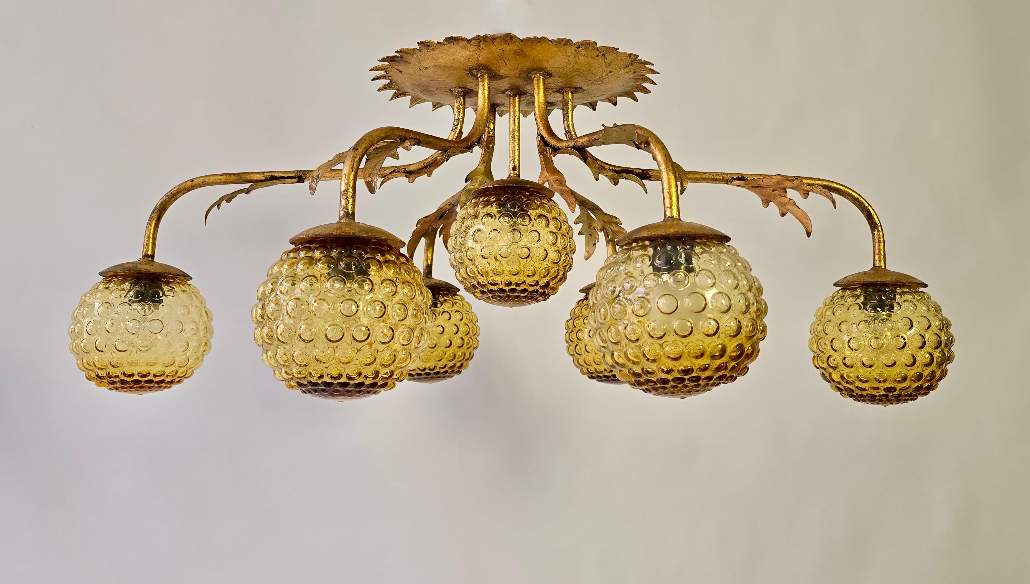 Italian Mid-Century Gilded Ceiling Lamp with Amber Bubble Glass, 1950s For Sale 1