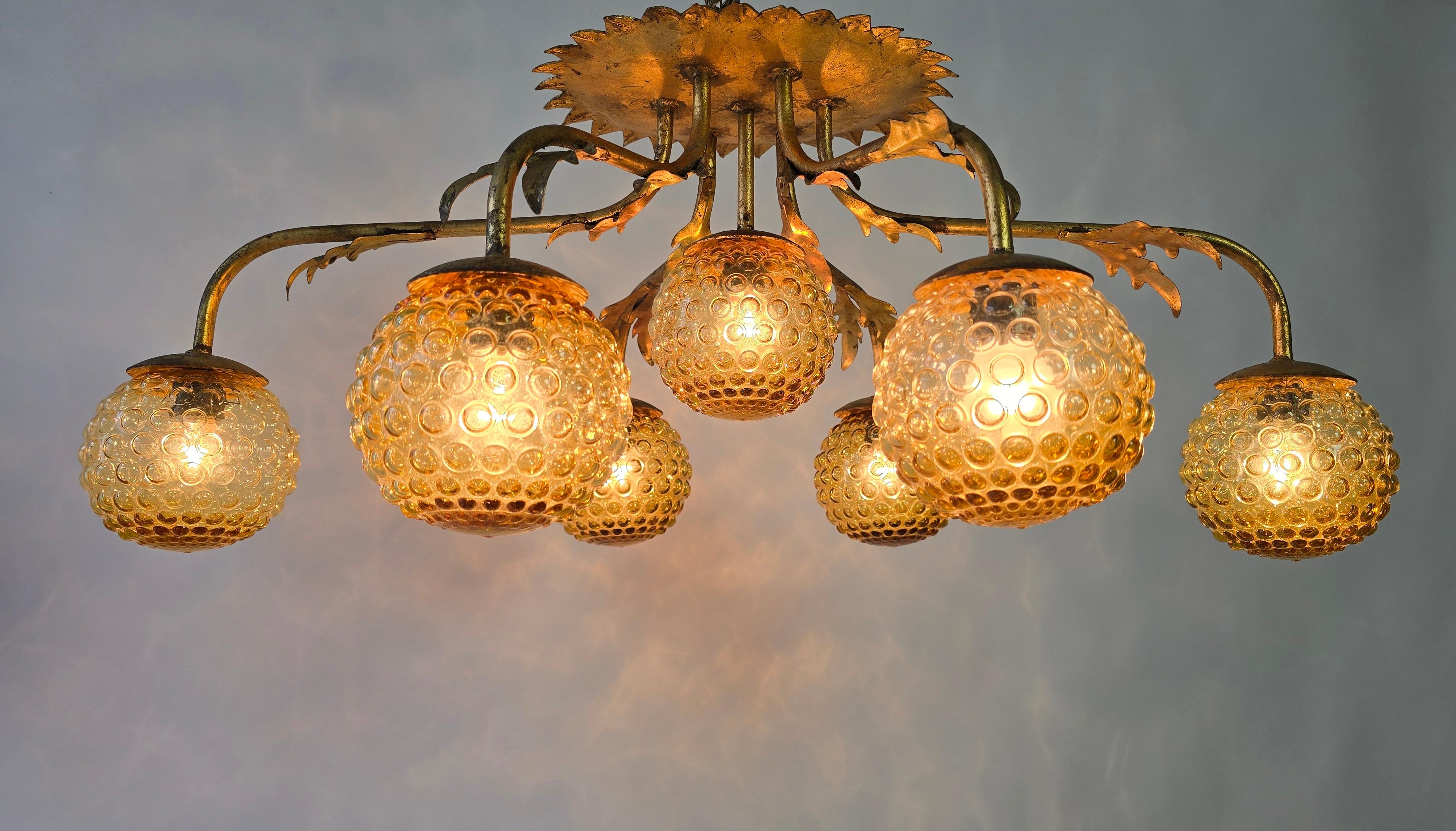 Italian Mid-Century Gilded Ceiling Lamp with Amber Bubble Glass, 1950s For Sale 2