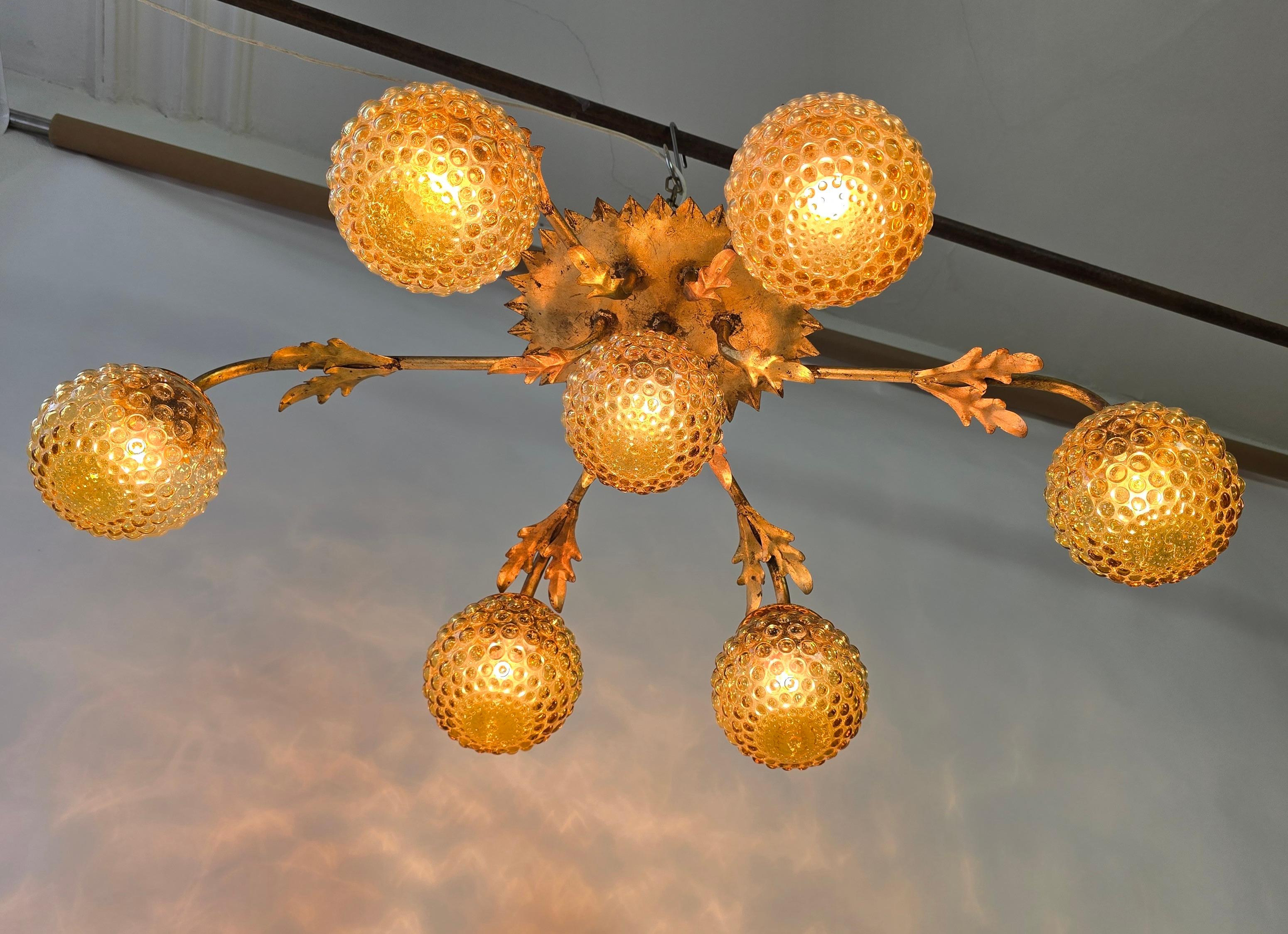 Italian Mid-Century Gilded Ceiling Lamp with Amber Bubble Glass, 1950s For Sale 3