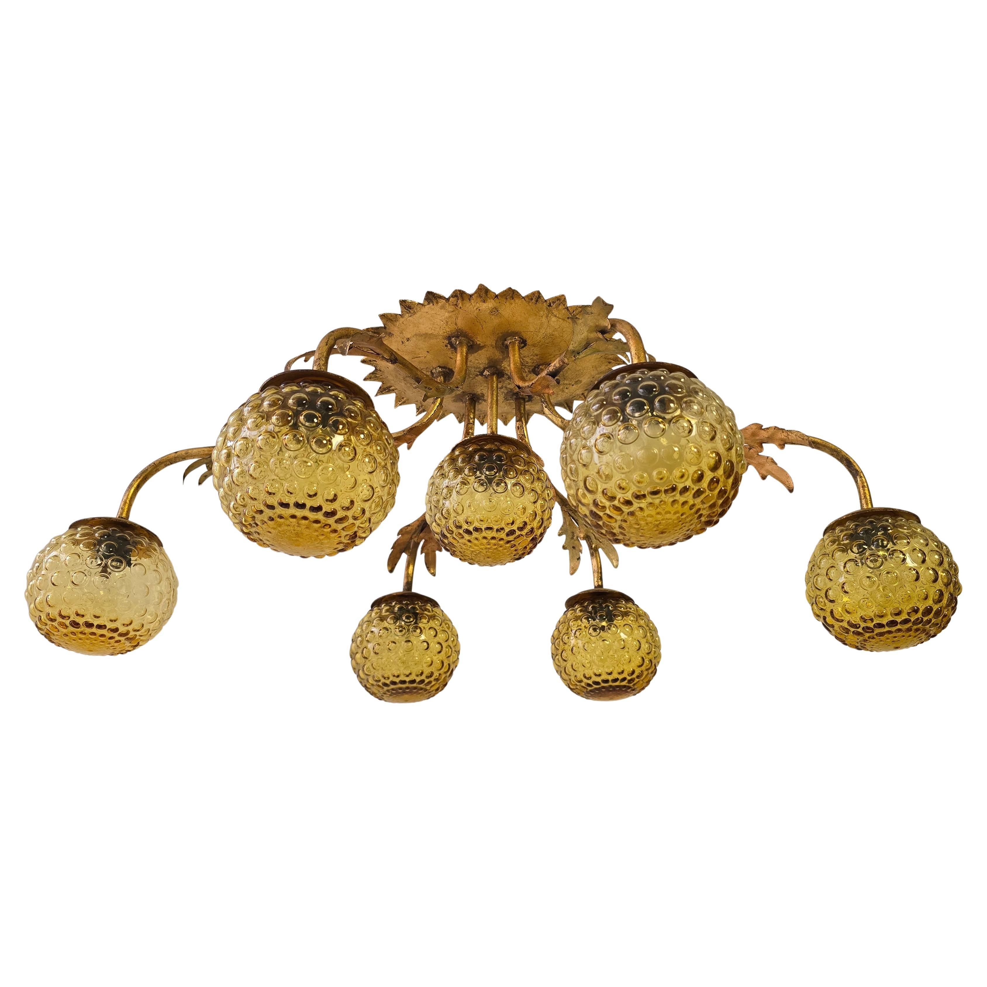Italian Mid-Century Gilded Ceiling Lamp with Amber Bubble Glass, 1950s For Sale