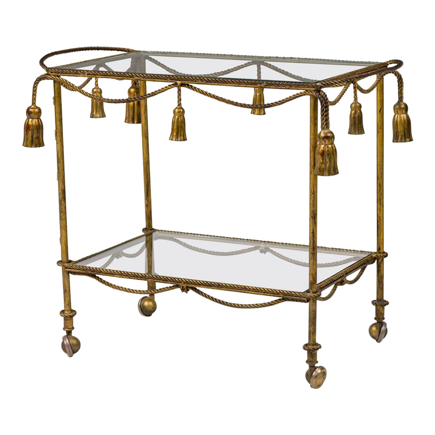 Italian Mid-Century Gilt Metal Tassle Bar Cart