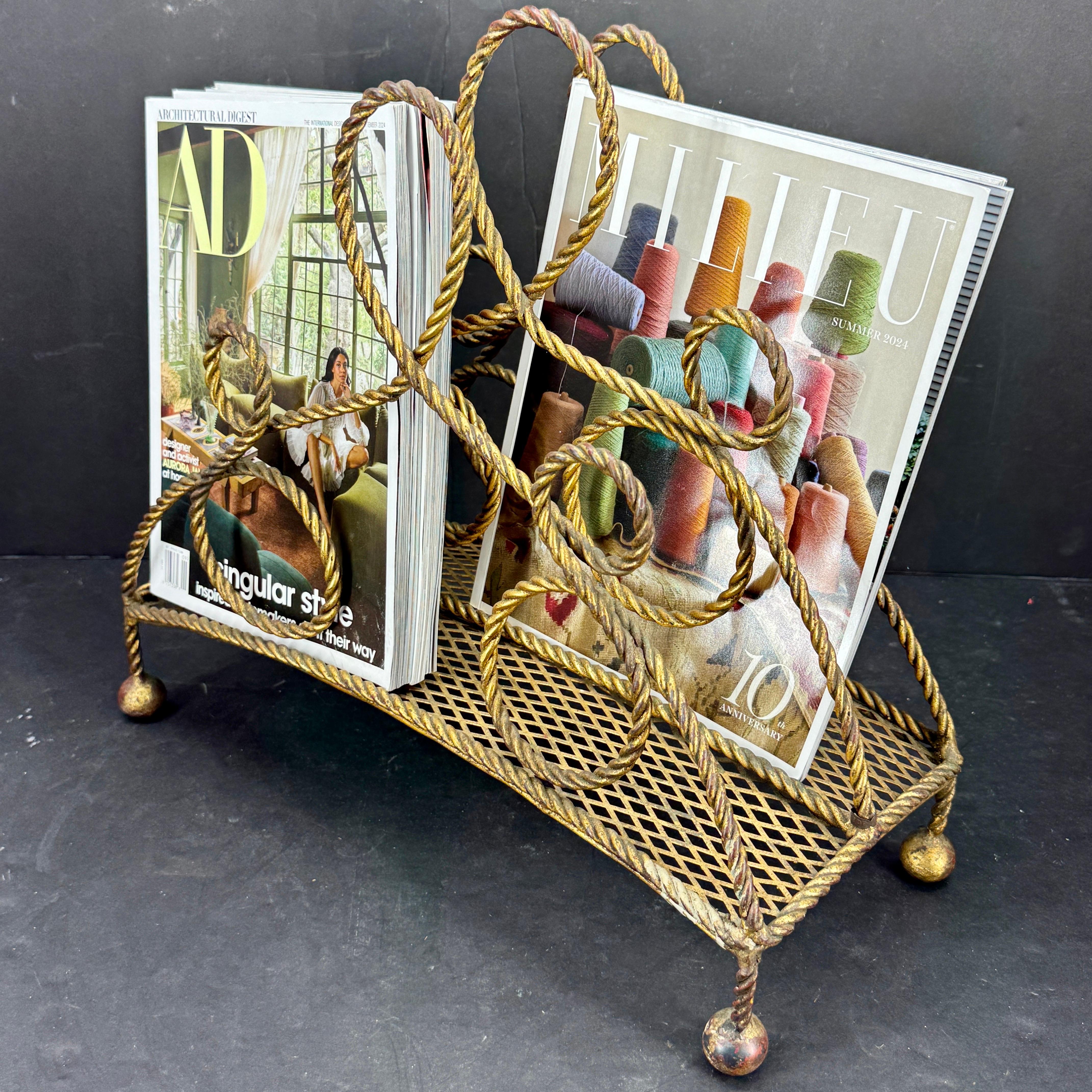 Italian Mid-Century Gilt Roped Metal Magazine Rack For Sale 5