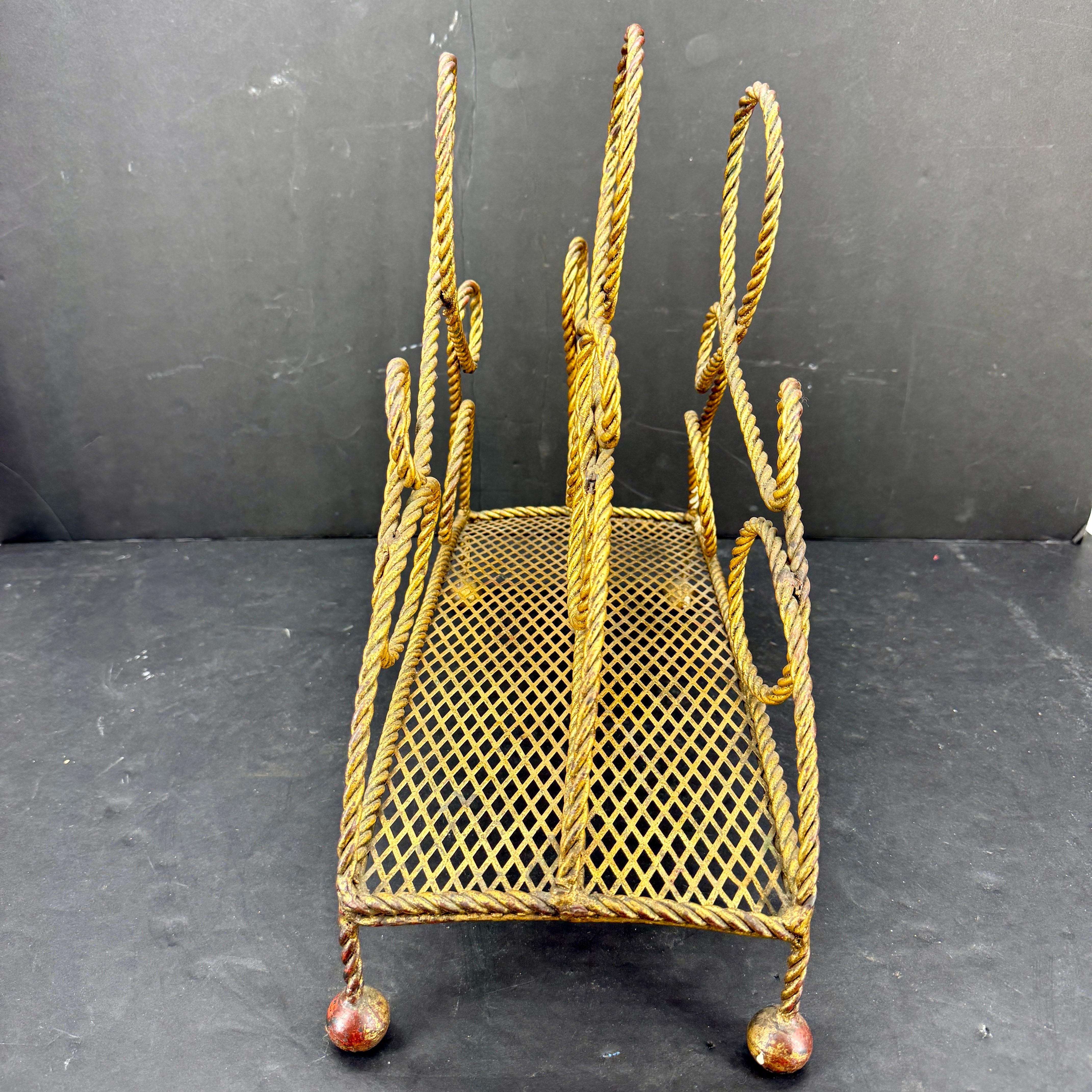 20th Century Italian Mid-Century Gilt Roped Metal Magazine Rack For Sale