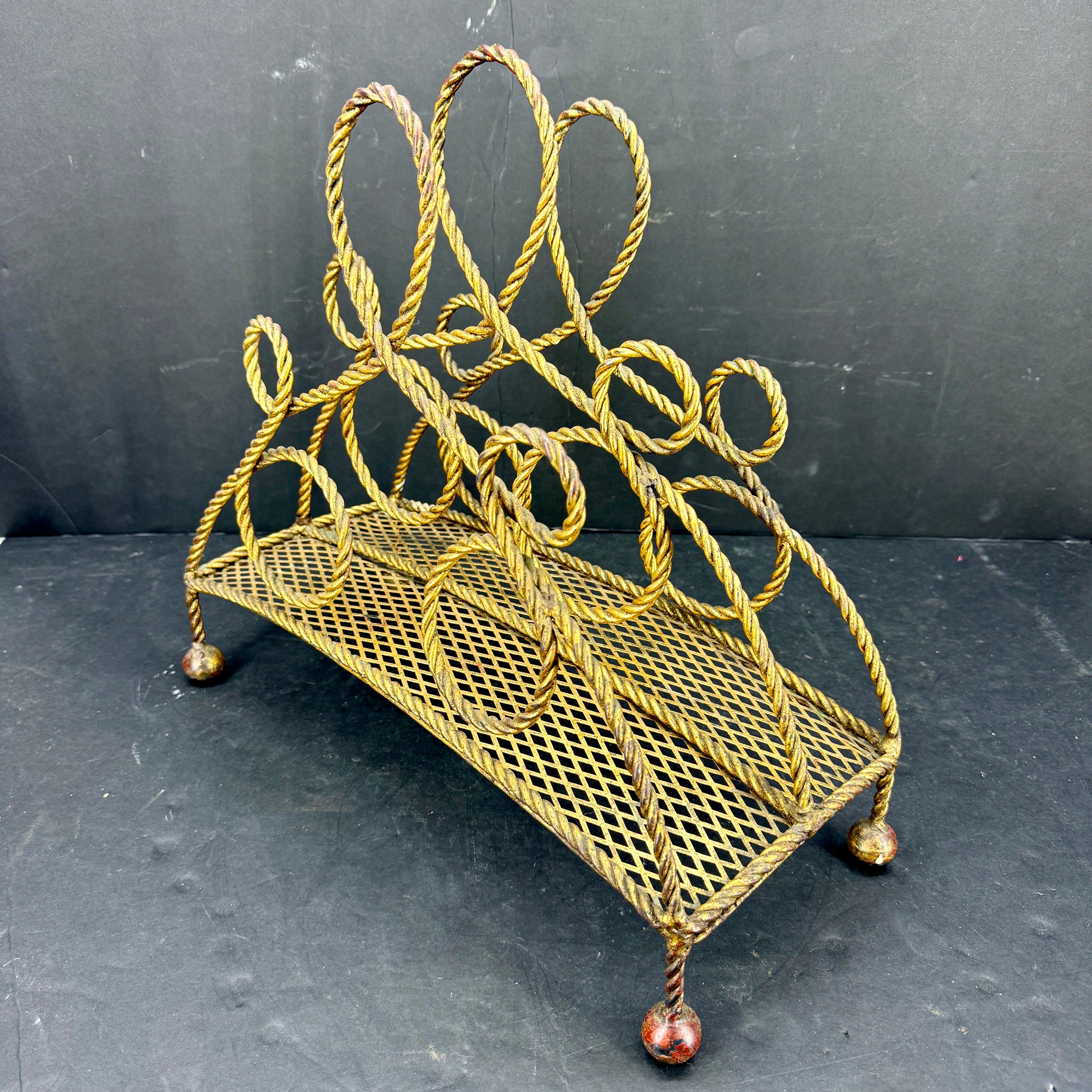 Italian Mid-Century Gilt Roped Metal Magazine Rack For Sale 1