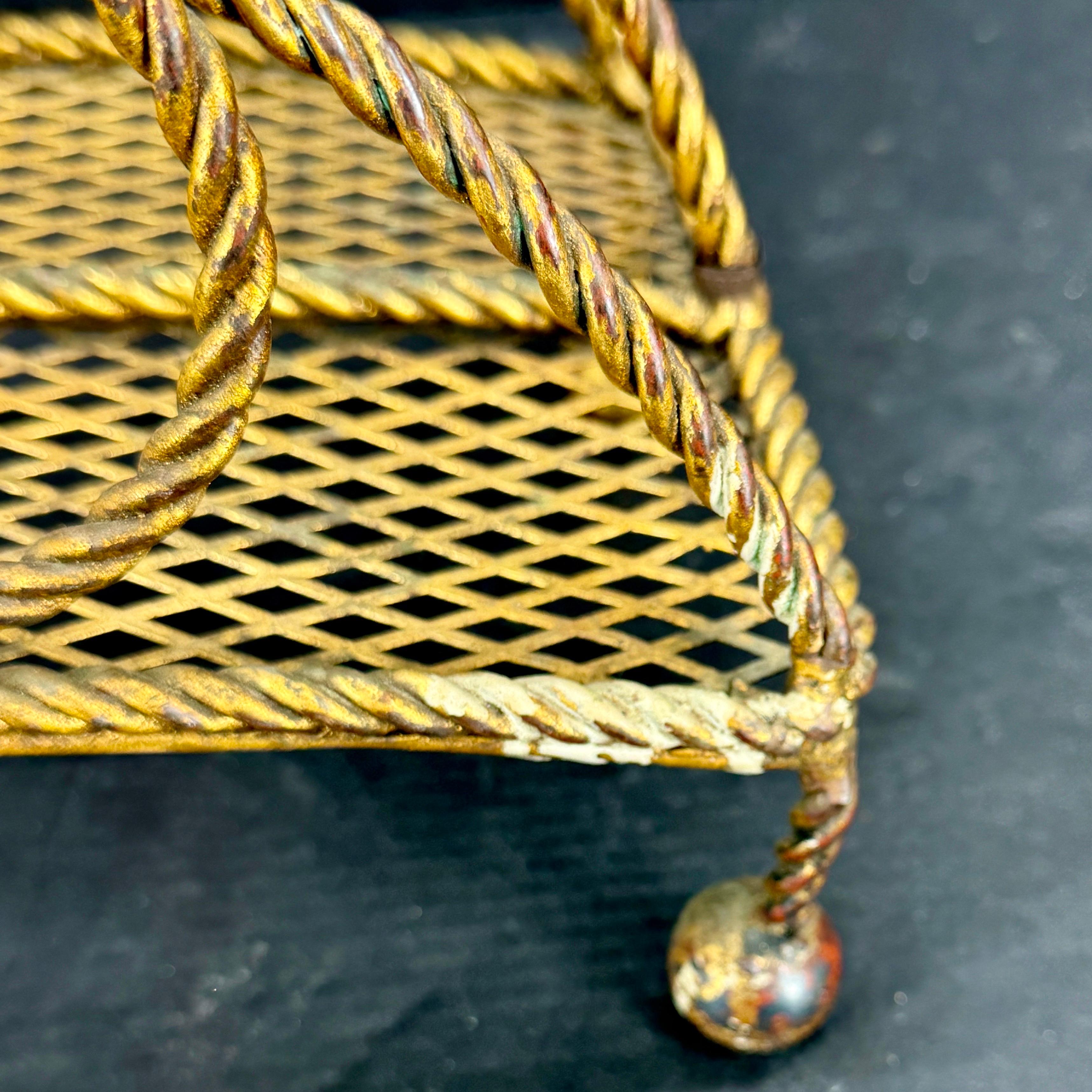 Italian Mid-Century Gilt Roped Metal Magazine Rack For Sale 2