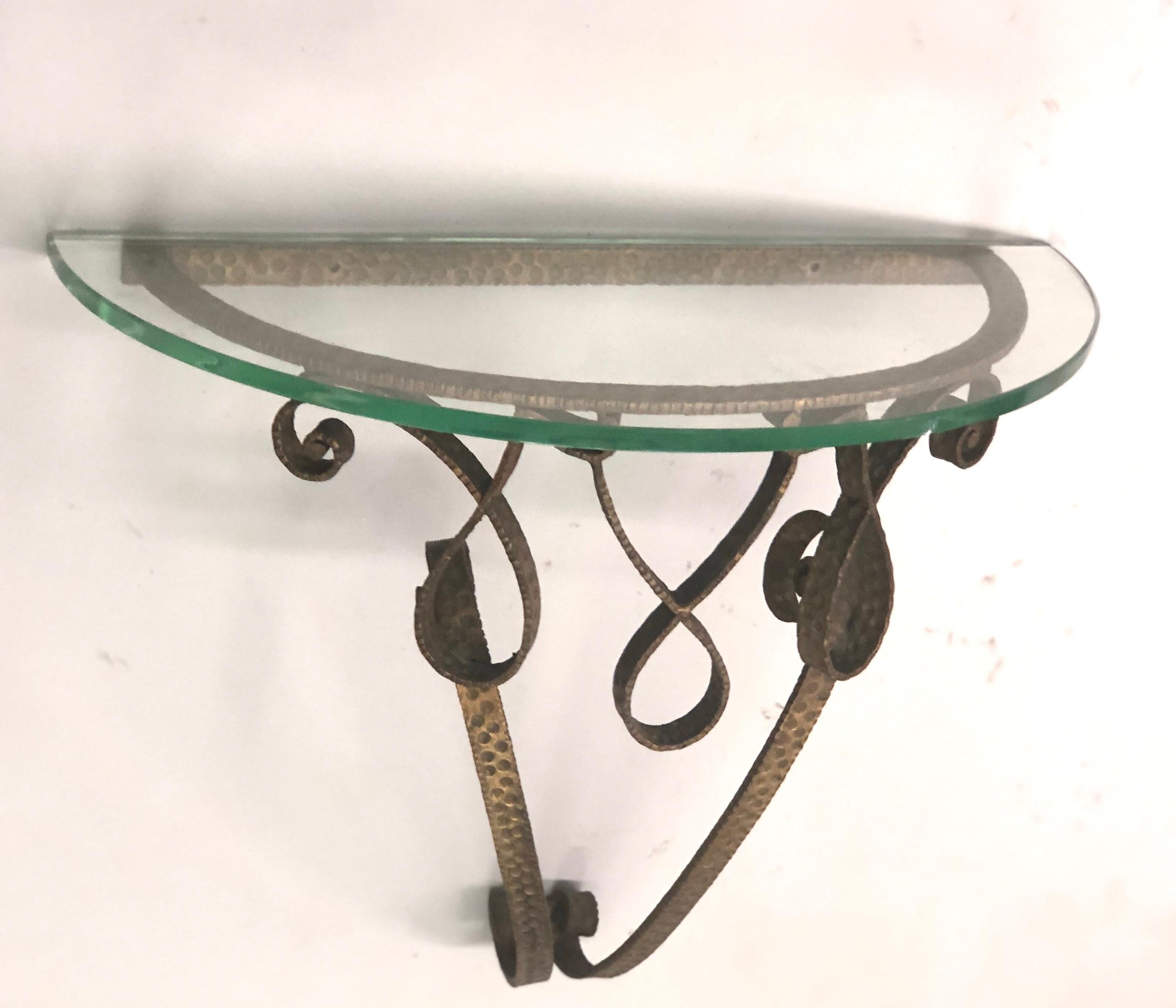 Italian Midcentury Gilt Wrought Iron Demilune Wall Console by Pierluigi Colli In Good Condition For Sale In New York, NY