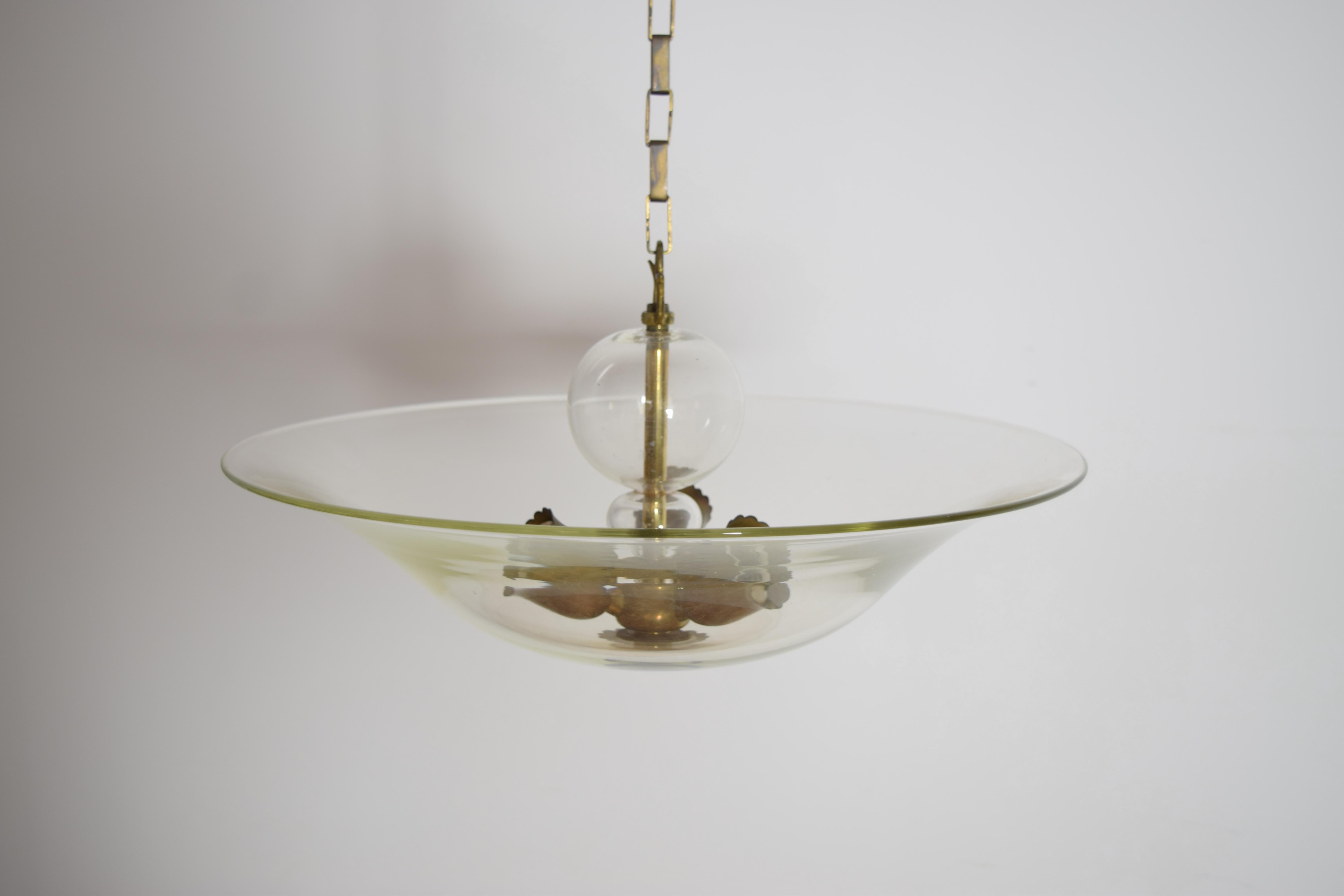 Italian Mid Century Glass and Brass 3-Light Chandelier, mid 20th century 5