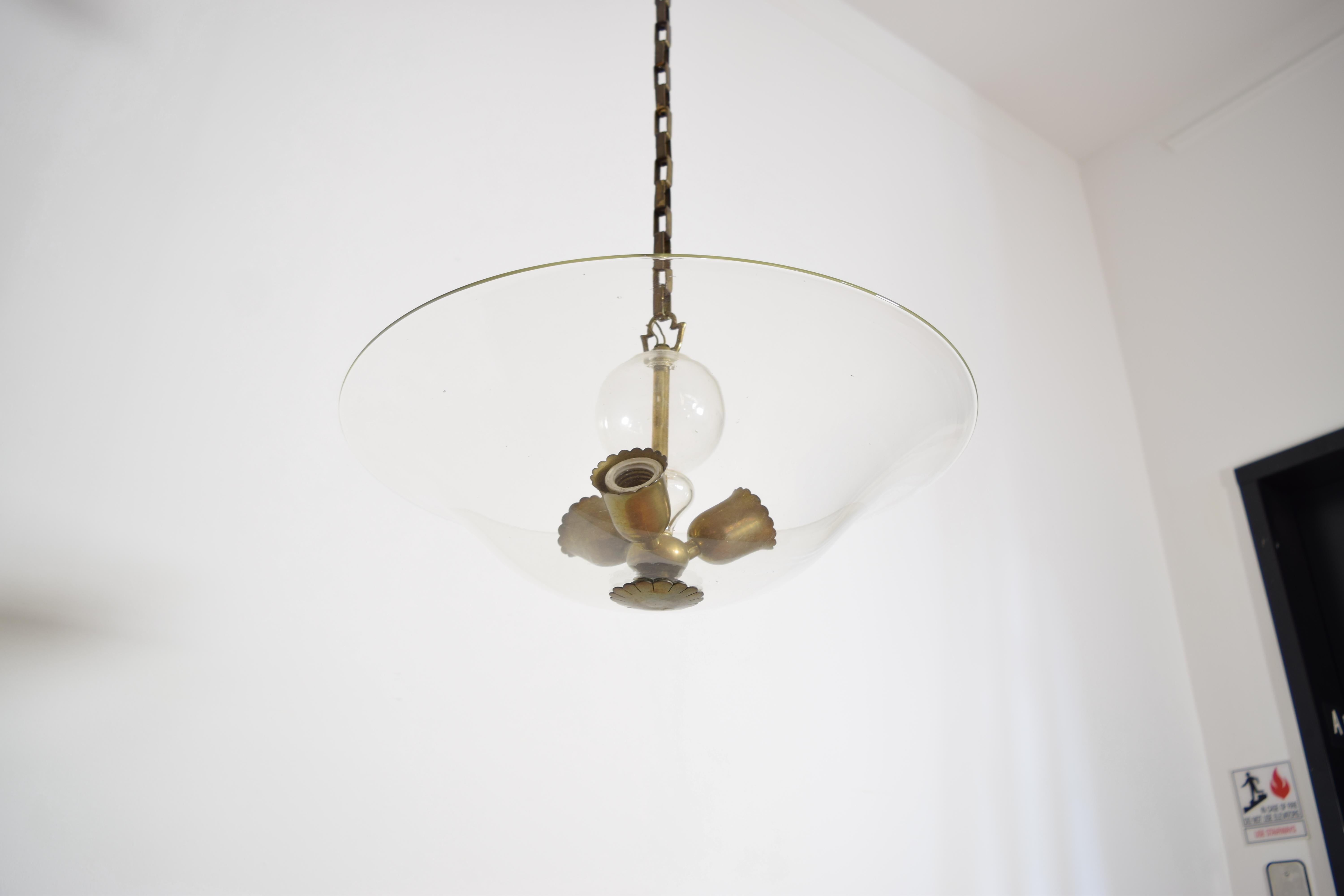 Mid-Century Modern Italian Mid Century Glass and Brass 3-Light Chandelier, mid 20th century