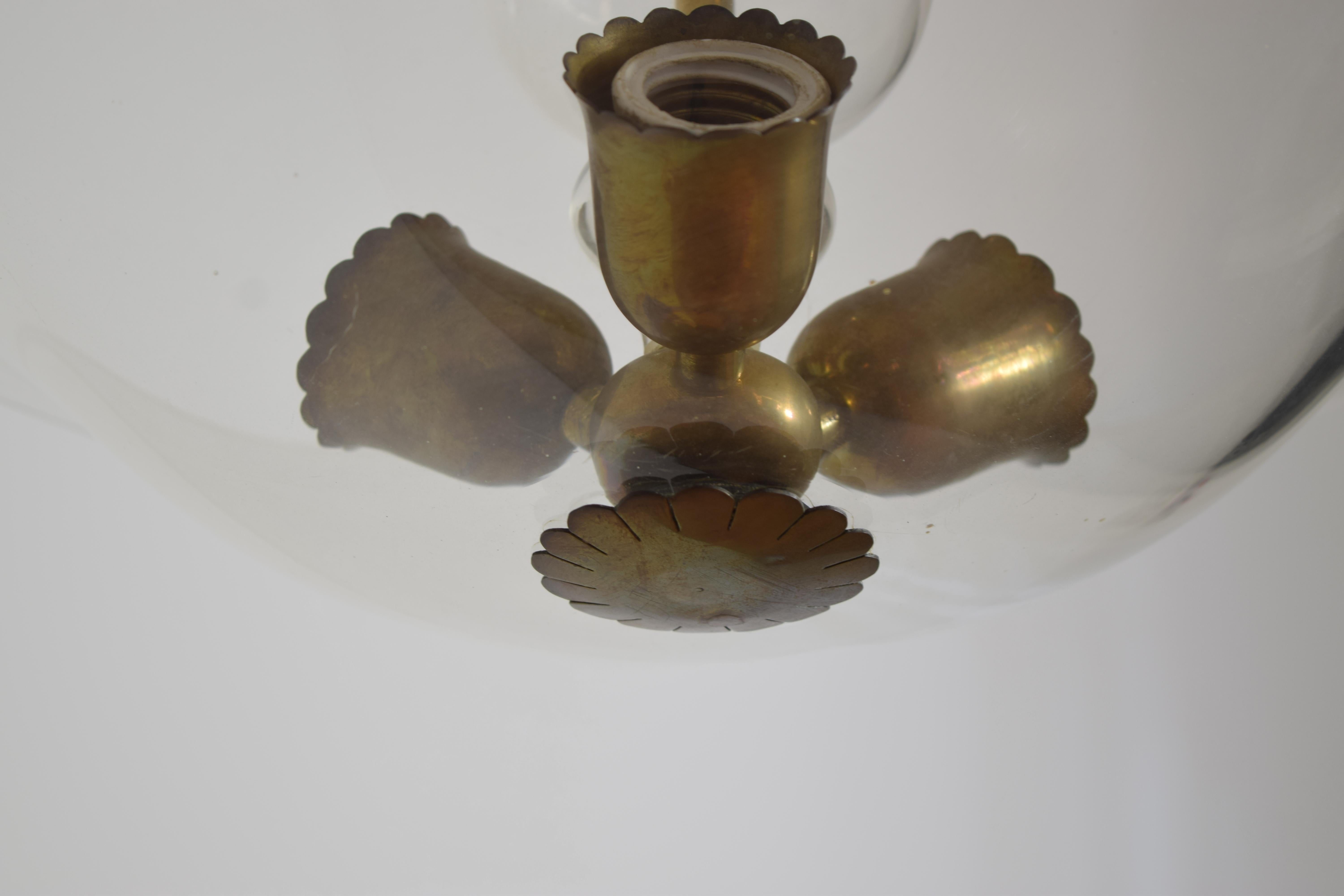 20th Century Italian Mid Century Glass and Brass 3-Light Chandelier, mid 20th century