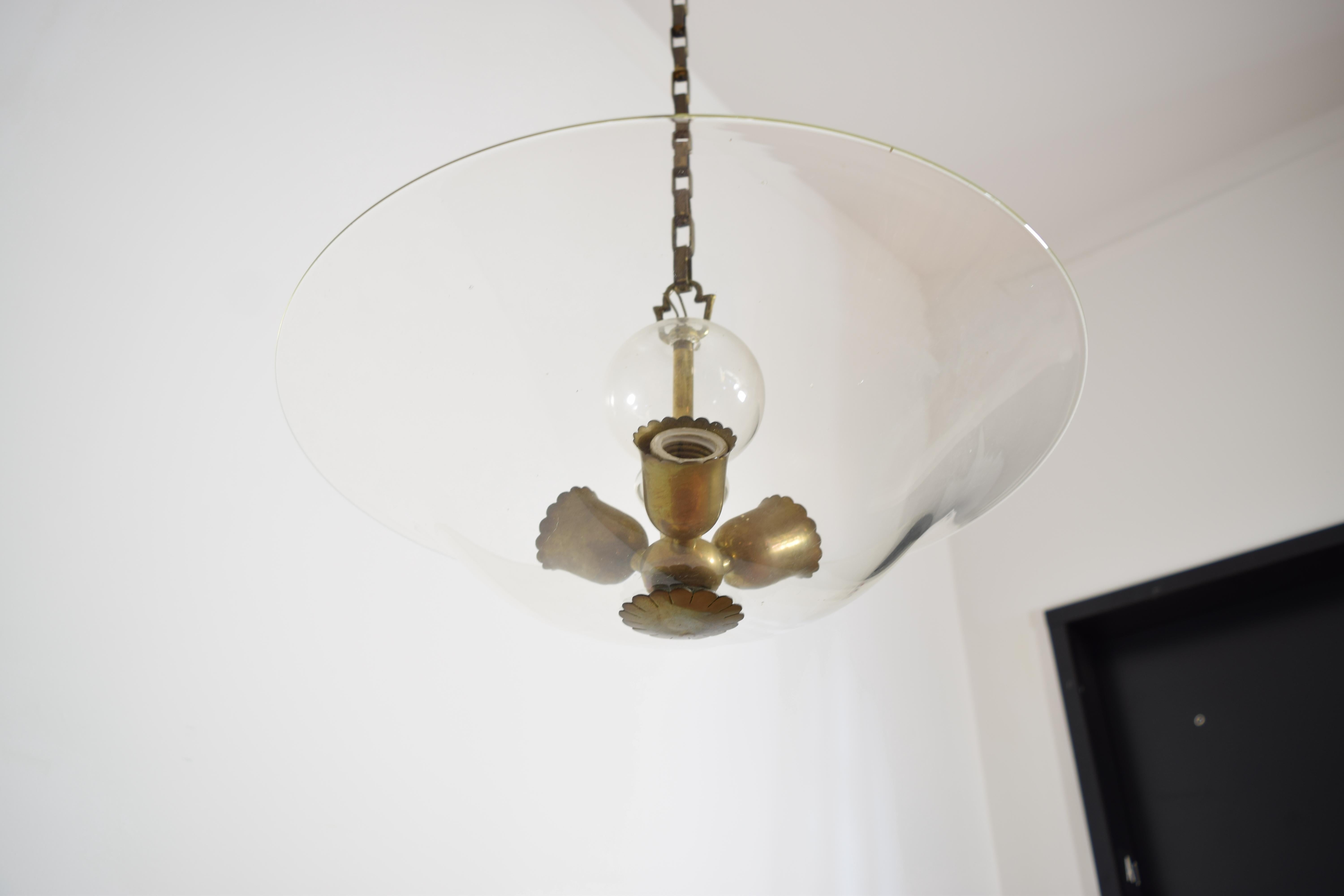 Italian Mid Century Glass and Brass 3-Light Chandelier, mid 20th century 1