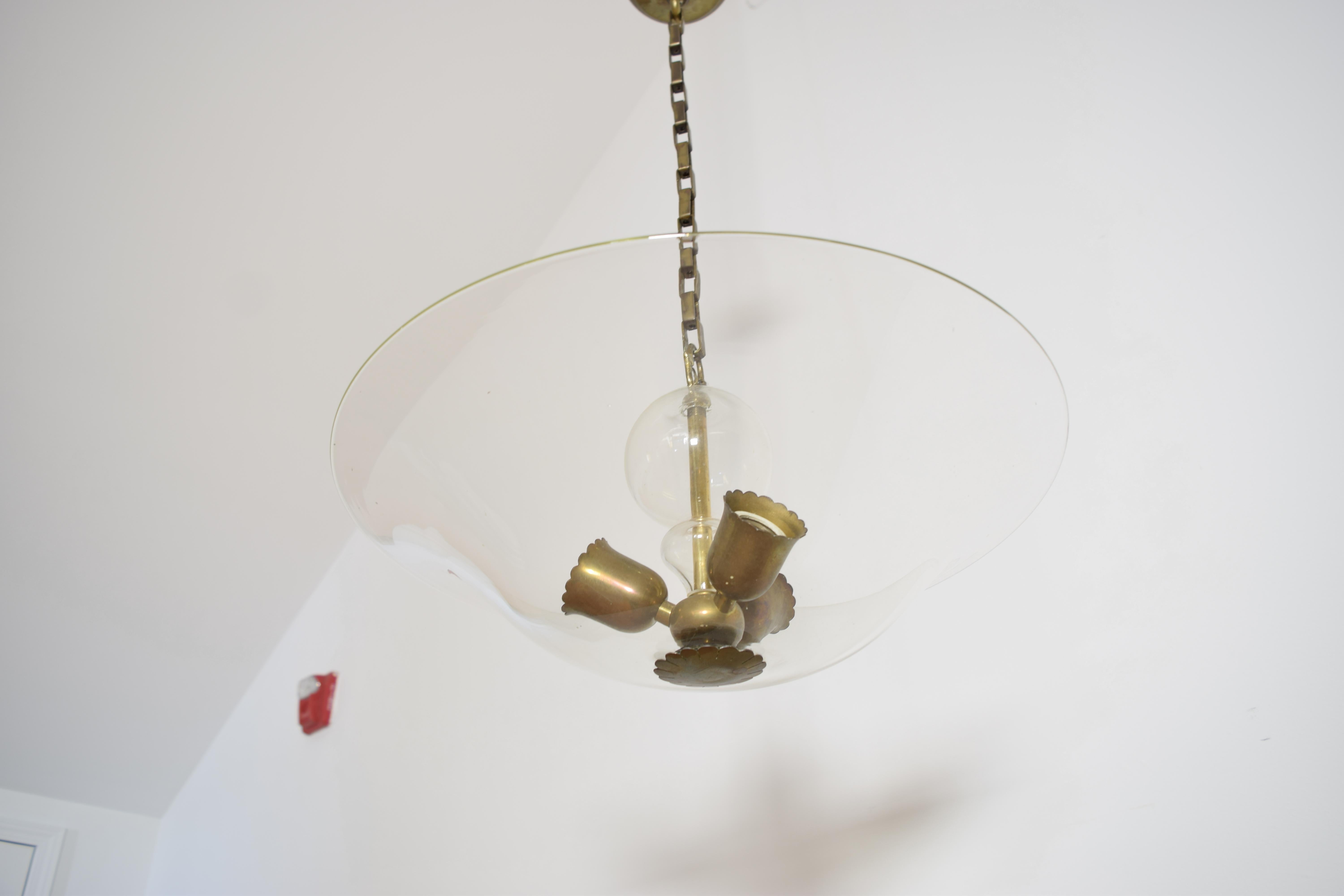 Italian Mid Century Glass and Brass 3-Light Chandelier, mid 20th century 2