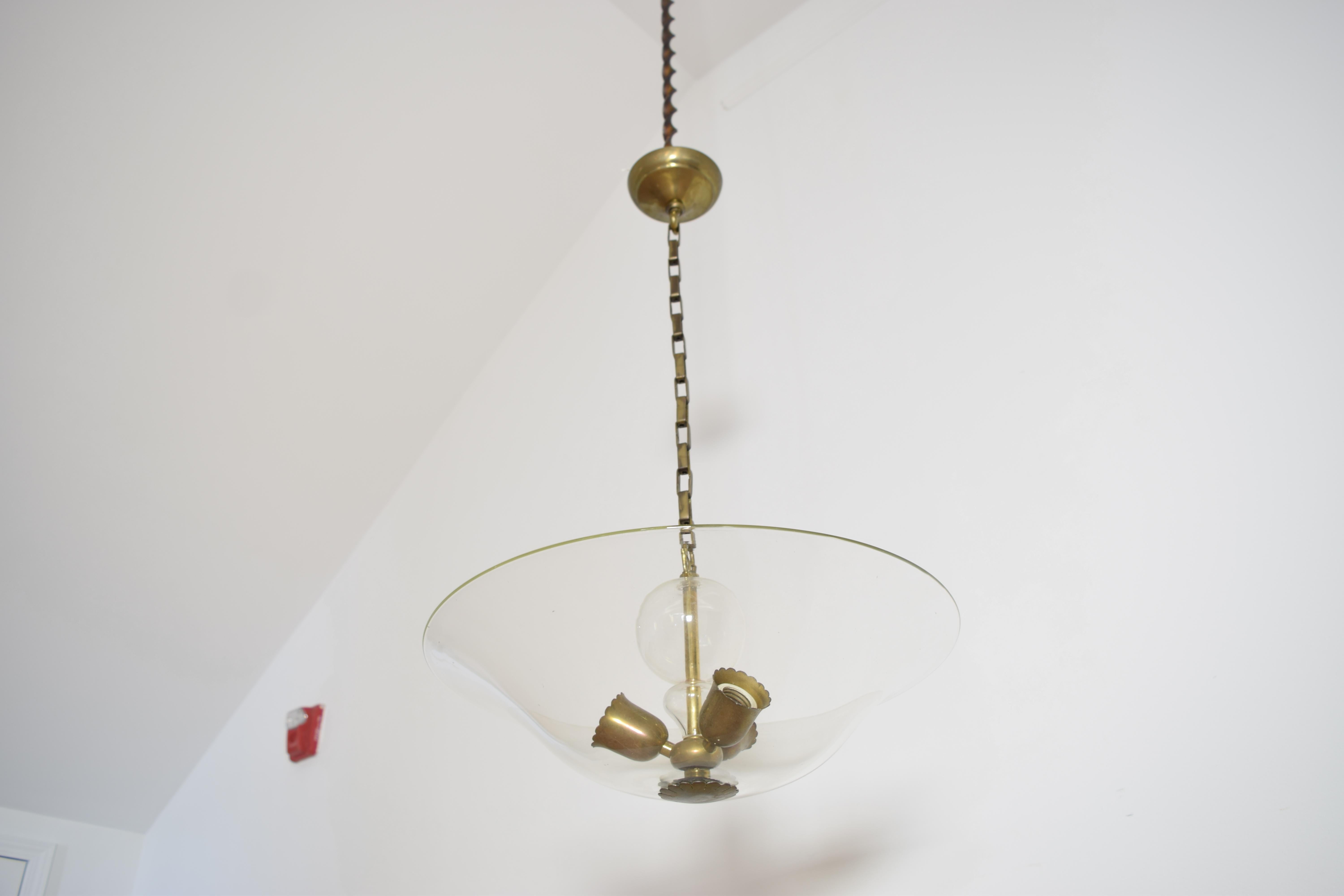 Italian Mid Century Glass and Brass 3-Light Chandelier, mid 20th century 3